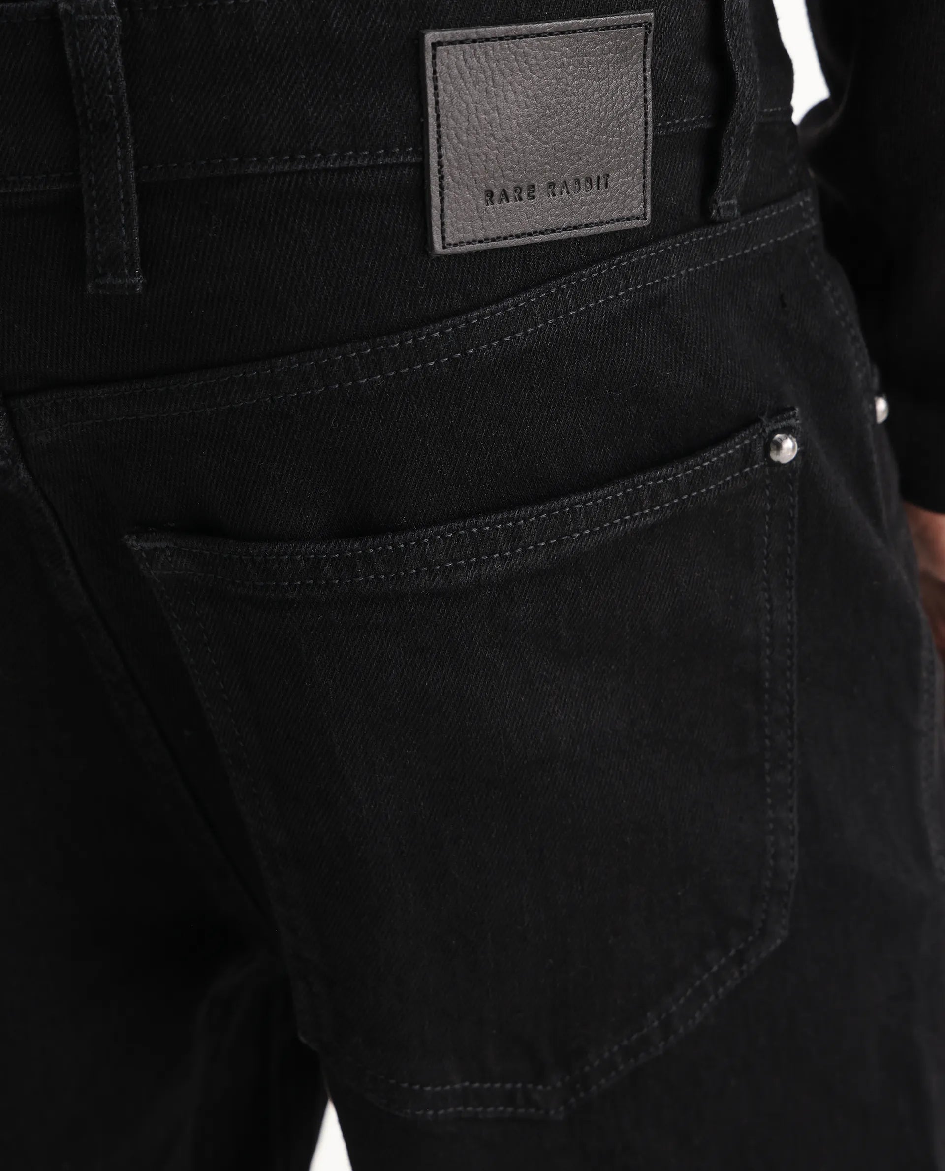 Rare Rabbit Men's Rosic Black Cotton Plain Morris Regular Fit Jeans