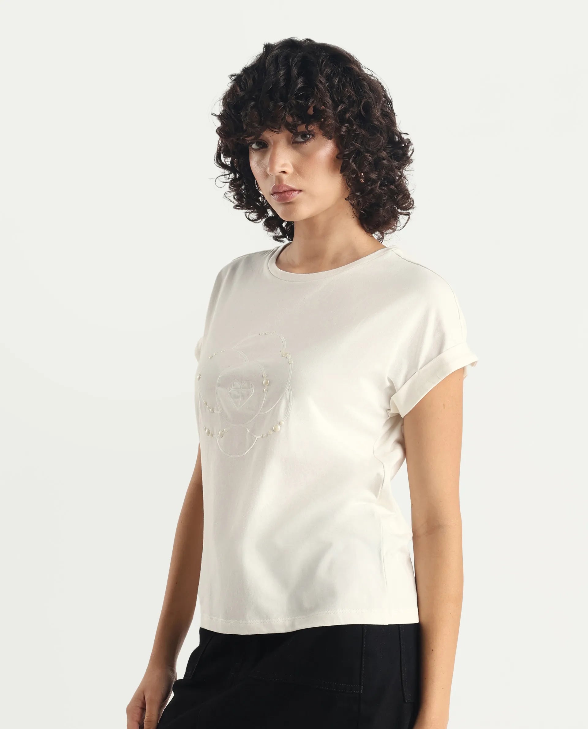 Rareism Women's Rosi Off White Cotton Blend Crew Neck Graphic Print Extended Sleeves Relaxed Fit T-Shirt