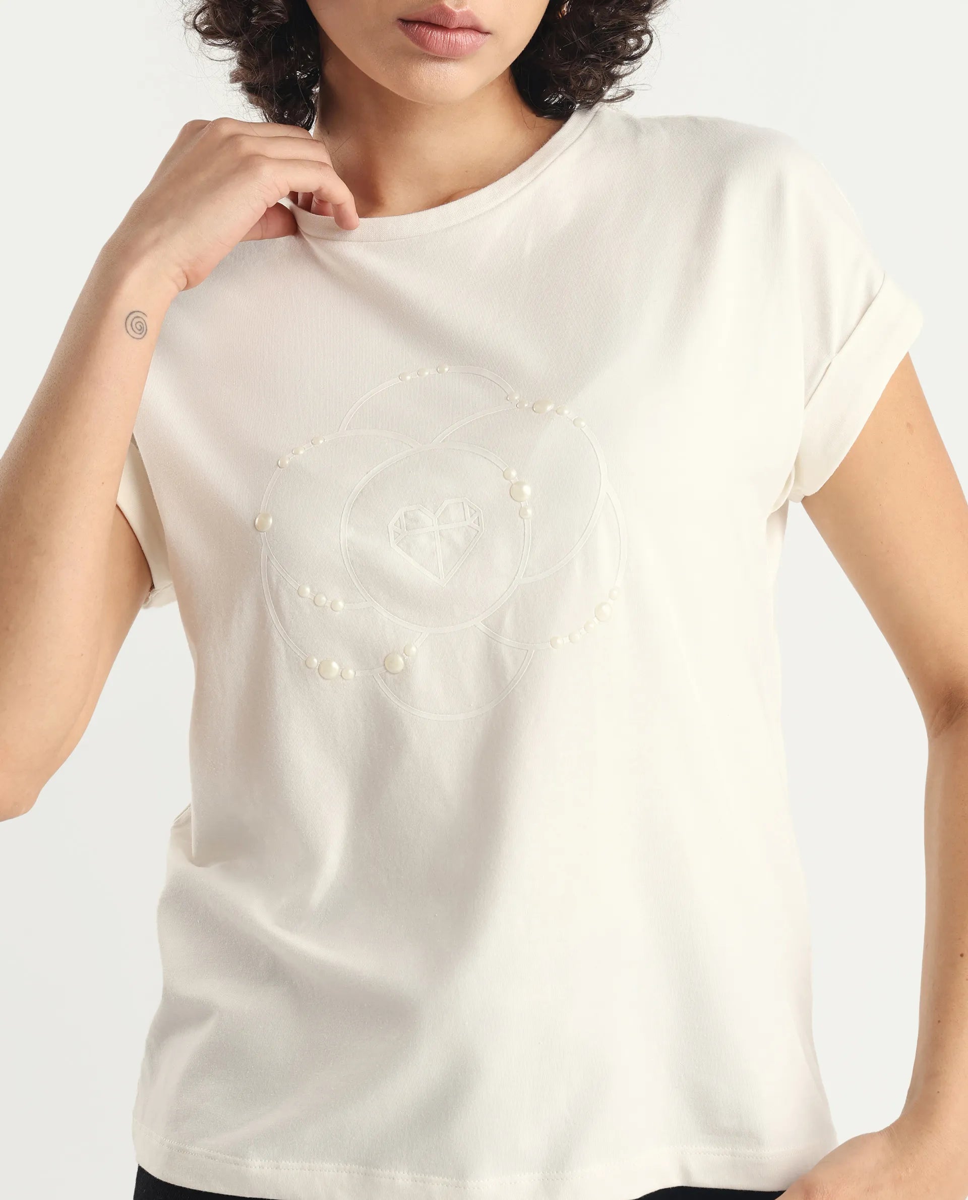 Rareism Women's Rosi Off White Cotton Blend Crew Neck Graphic Print Extended Sleeves Relaxed Fit T-Shirt