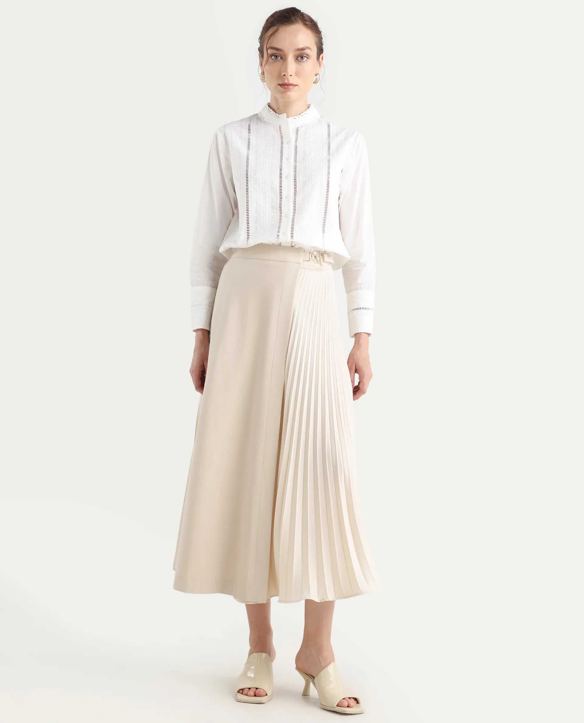 Rareism Women's Roski Light Beige Polyester Blend Flared Skirt