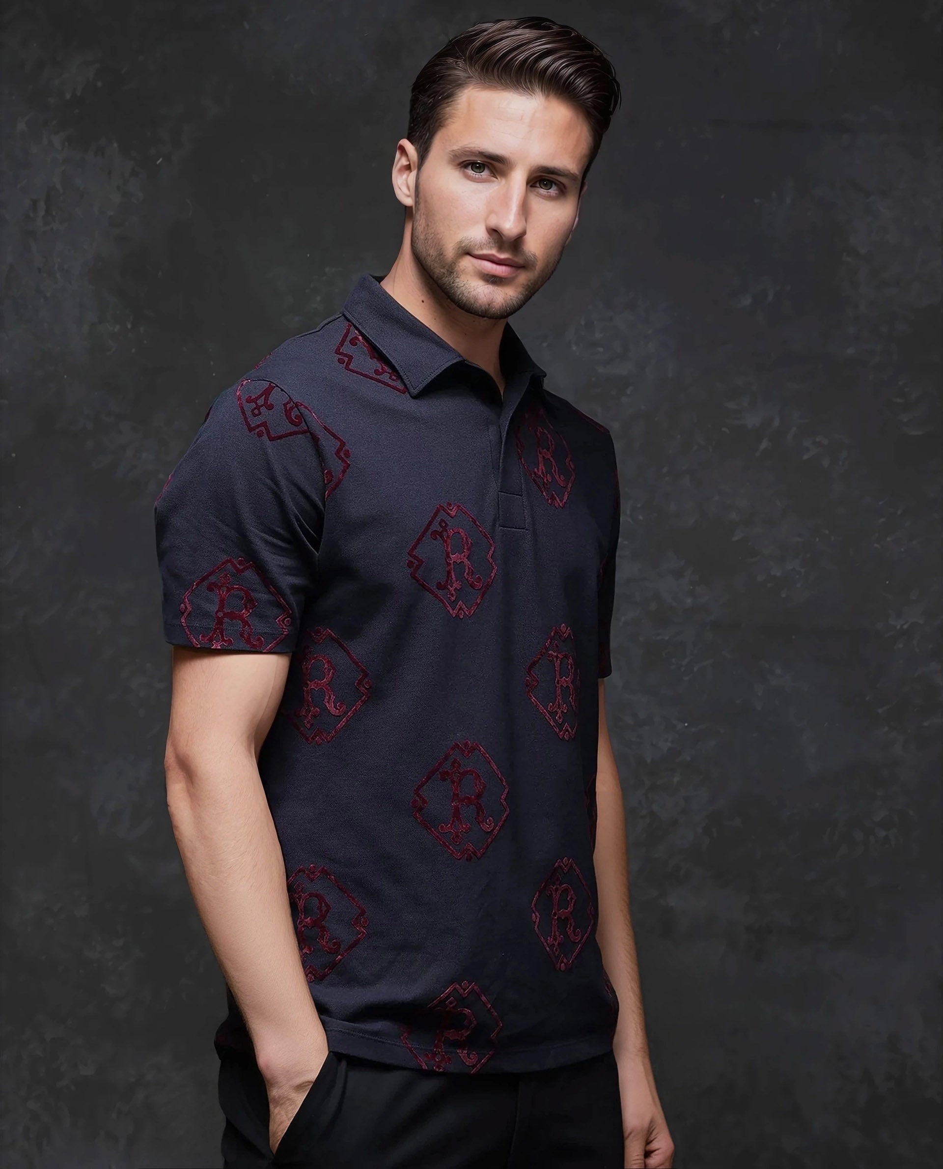 Rare Rabbit Men's Roson Navy Cotton Monogram Print Regular Fit Half Sleeve Polo