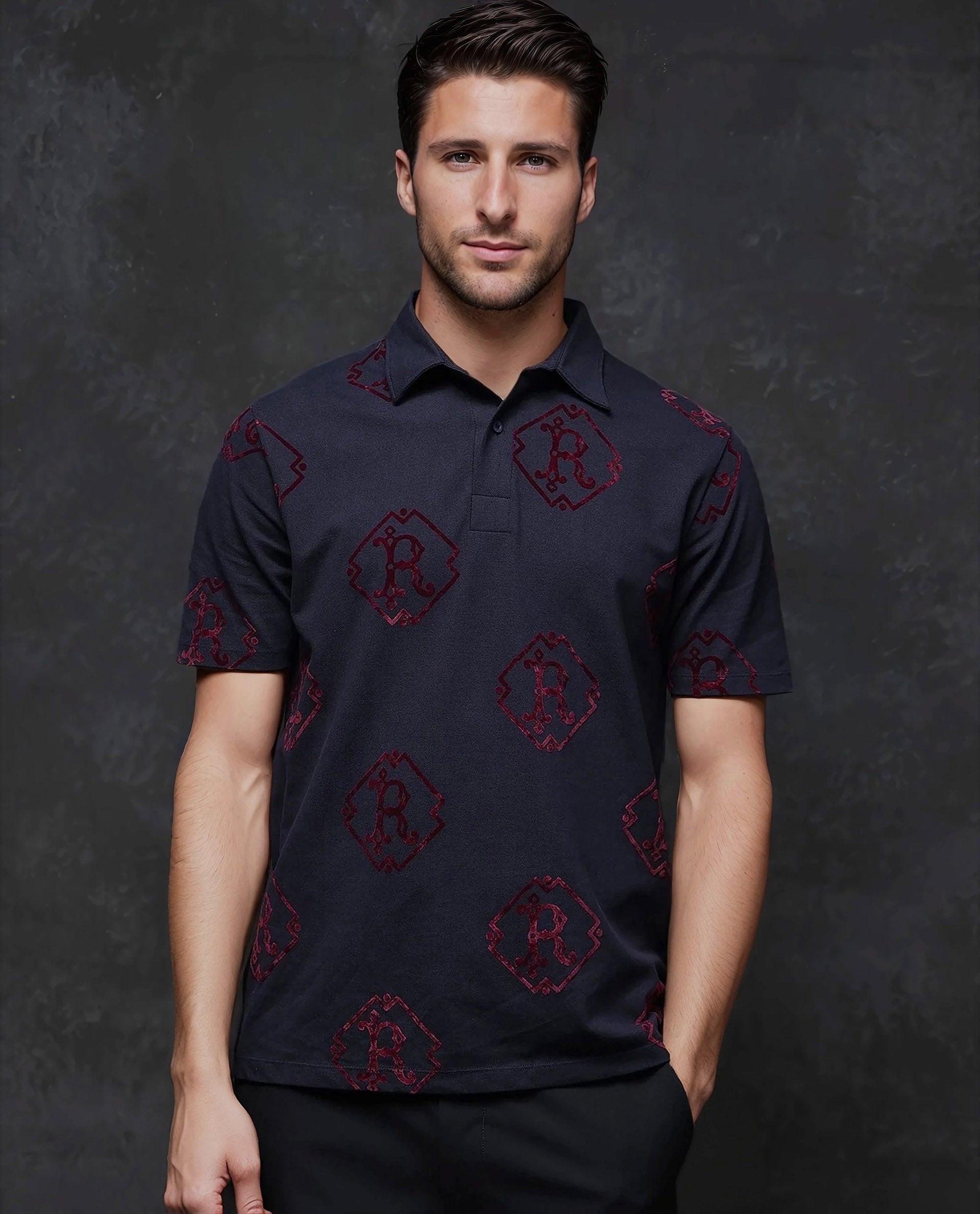 Rare Rabbit Men's Roson Navy Cotton Monogram Print Regular Fit Half Sleeve Polo
