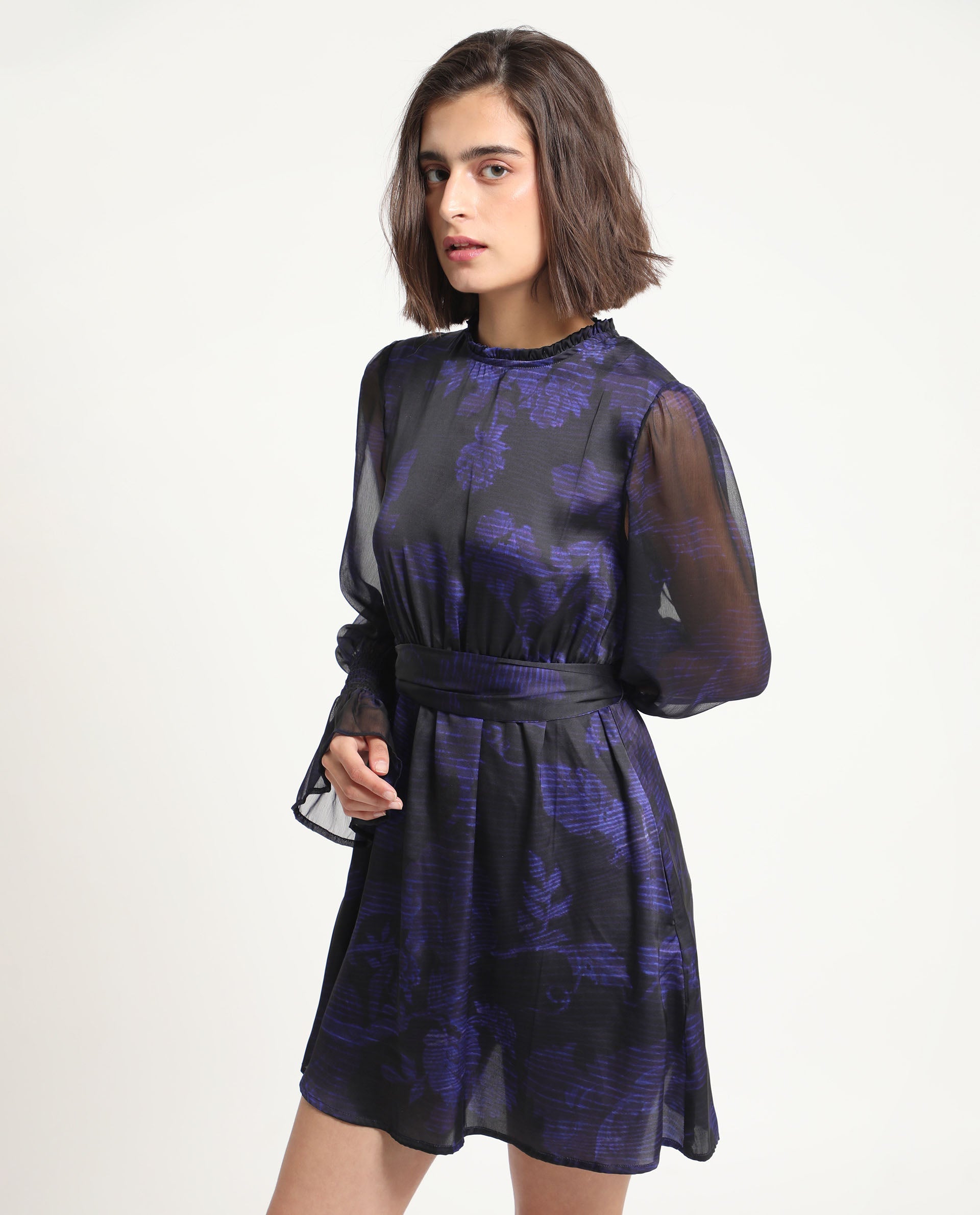 Rareism Women Rossel Dark Navy Polyester Fabric Full Sleeves High Neck Balloon Sleeve Regular Fit Abstract Print Short Empire Dress