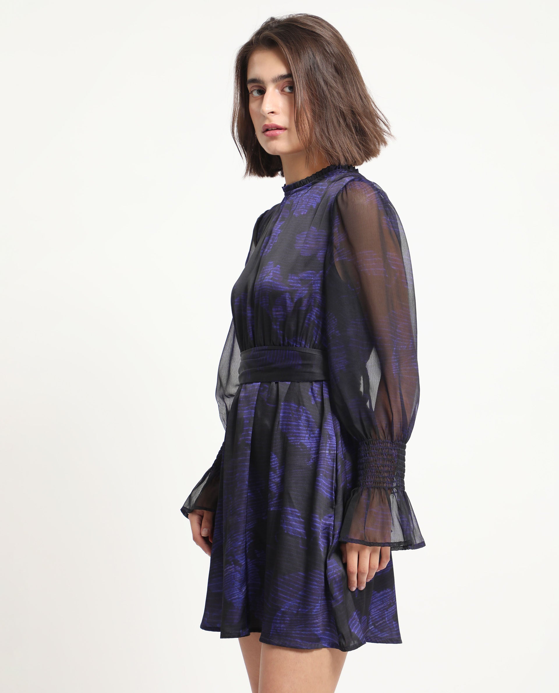 Rareism Women Rossel Dark Navy Polyester Fabric Full Sleeves High Neck Balloon Sleeve Regular Fit Abstract Print Short Empire Dress