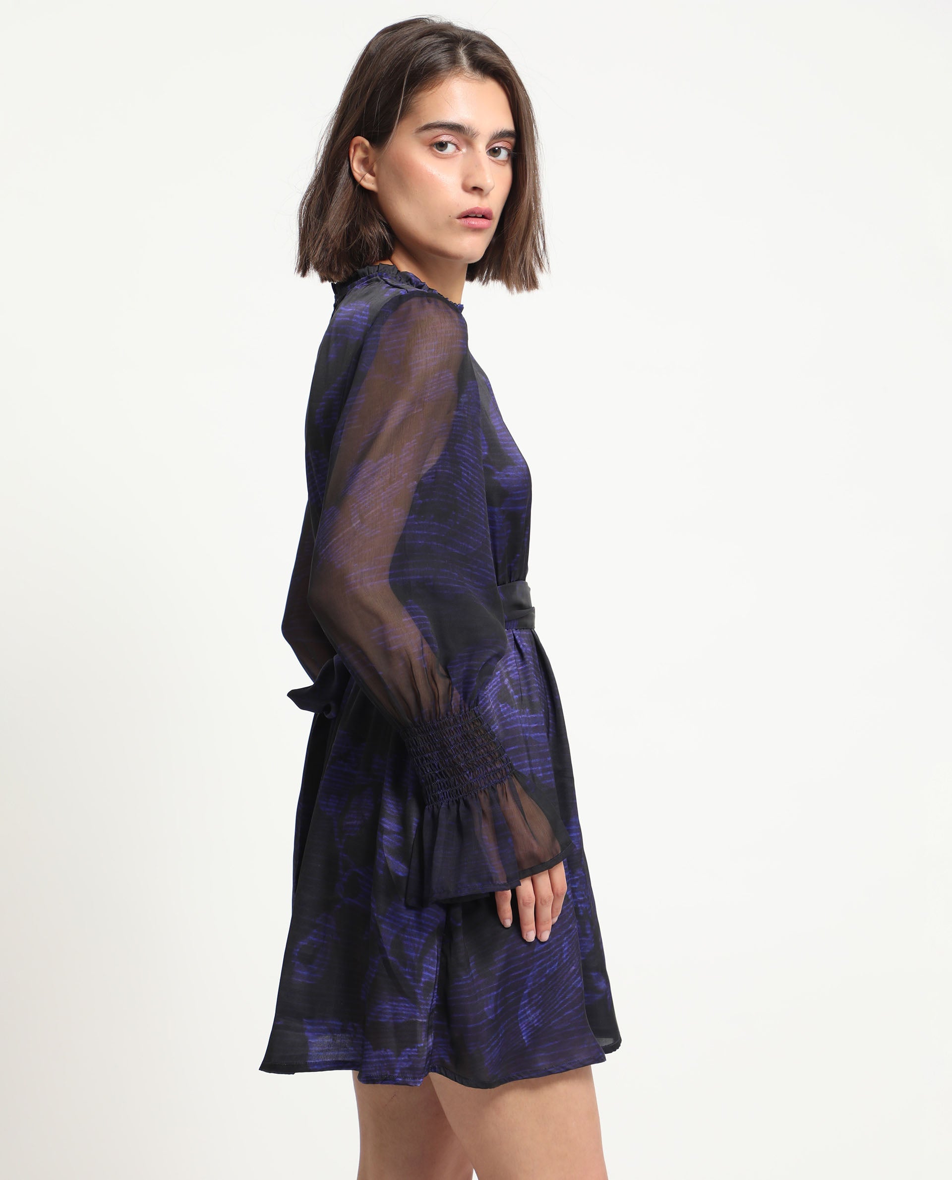 Rareism Women Rossel Dark Navy Polyester Fabric Full Sleeves High Neck Balloon Sleeve Regular Fit Abstract Print Short Empire Dress