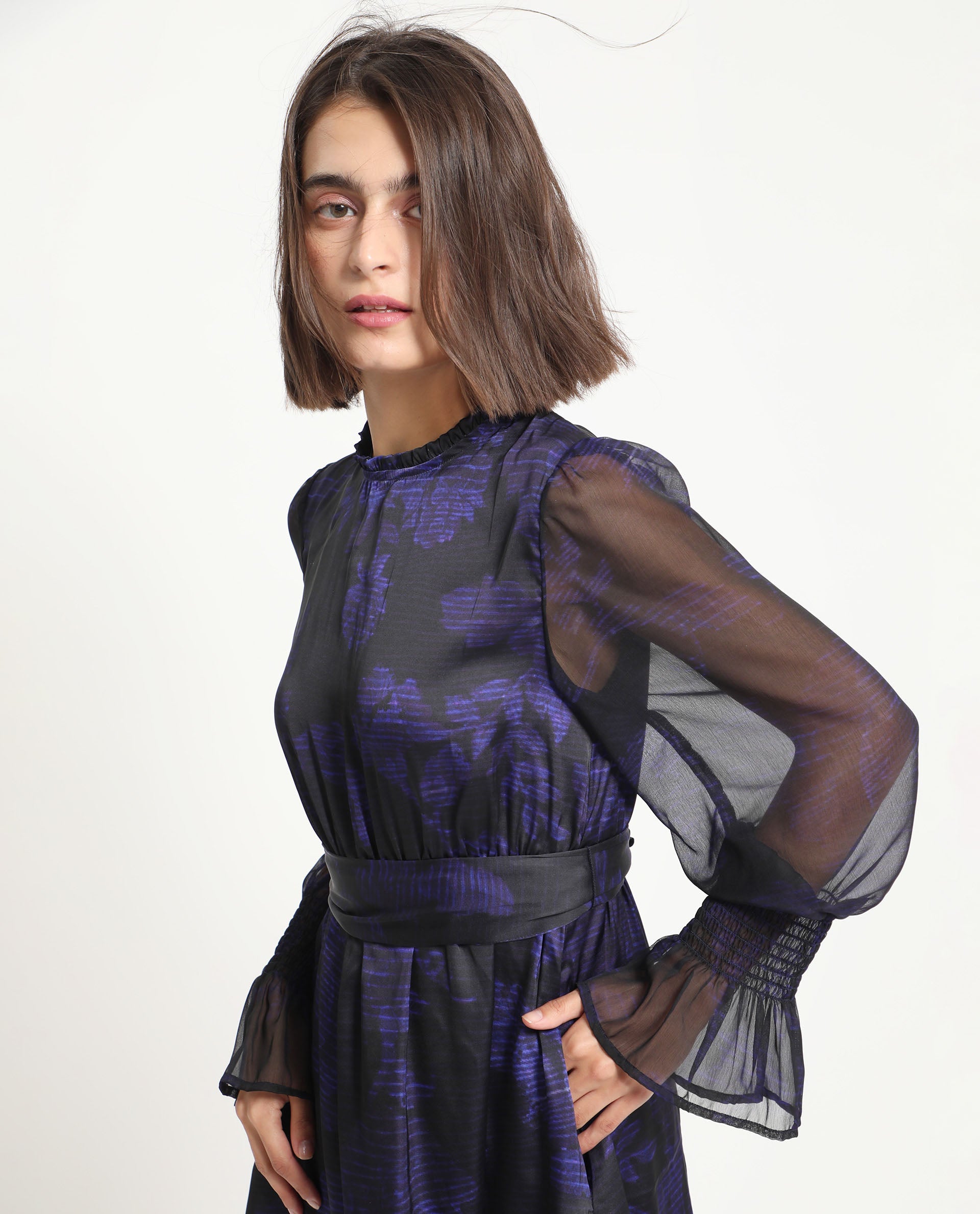 Rareism Women Rossel Dark Navy Polyester Fabric Full Sleeves High Neck Balloon Sleeve Regular Fit Abstract Print Short Empire Dress