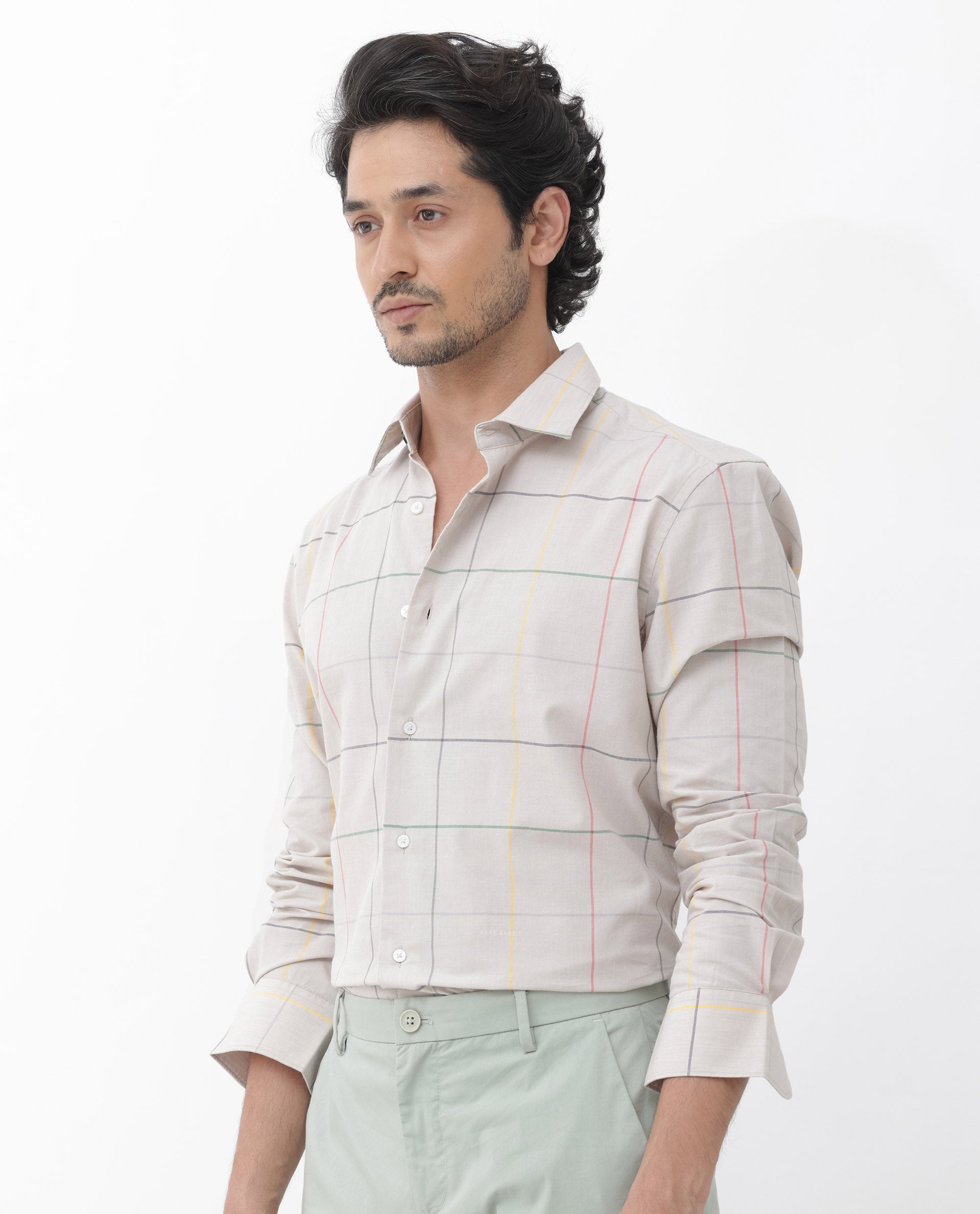 Rare Rabbit Mens Roswe Beige Full Sleeve Checks Print Cotton Blend Fabric Shirt