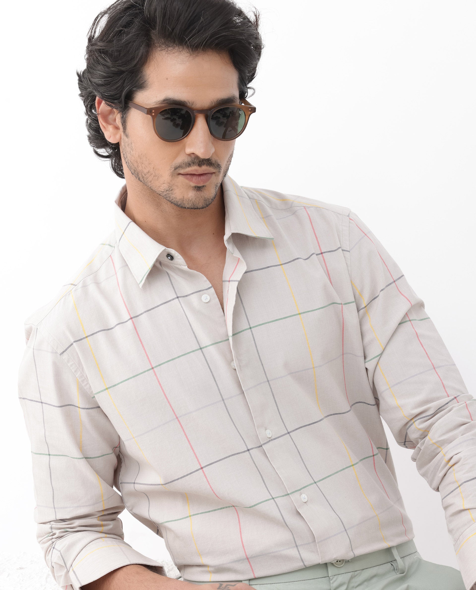 Rare Rabbit Mens Roswe Beige Full Sleeve Checks Print Cotton Blend Fabric Shirt