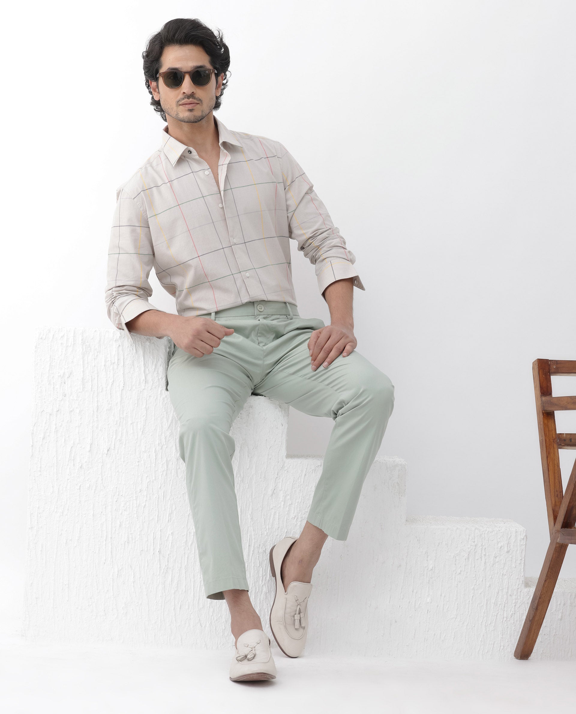 Rare Rabbit Mens Roswe Beige Full Sleeve Checks Print Cotton Blend Fabric Shirt