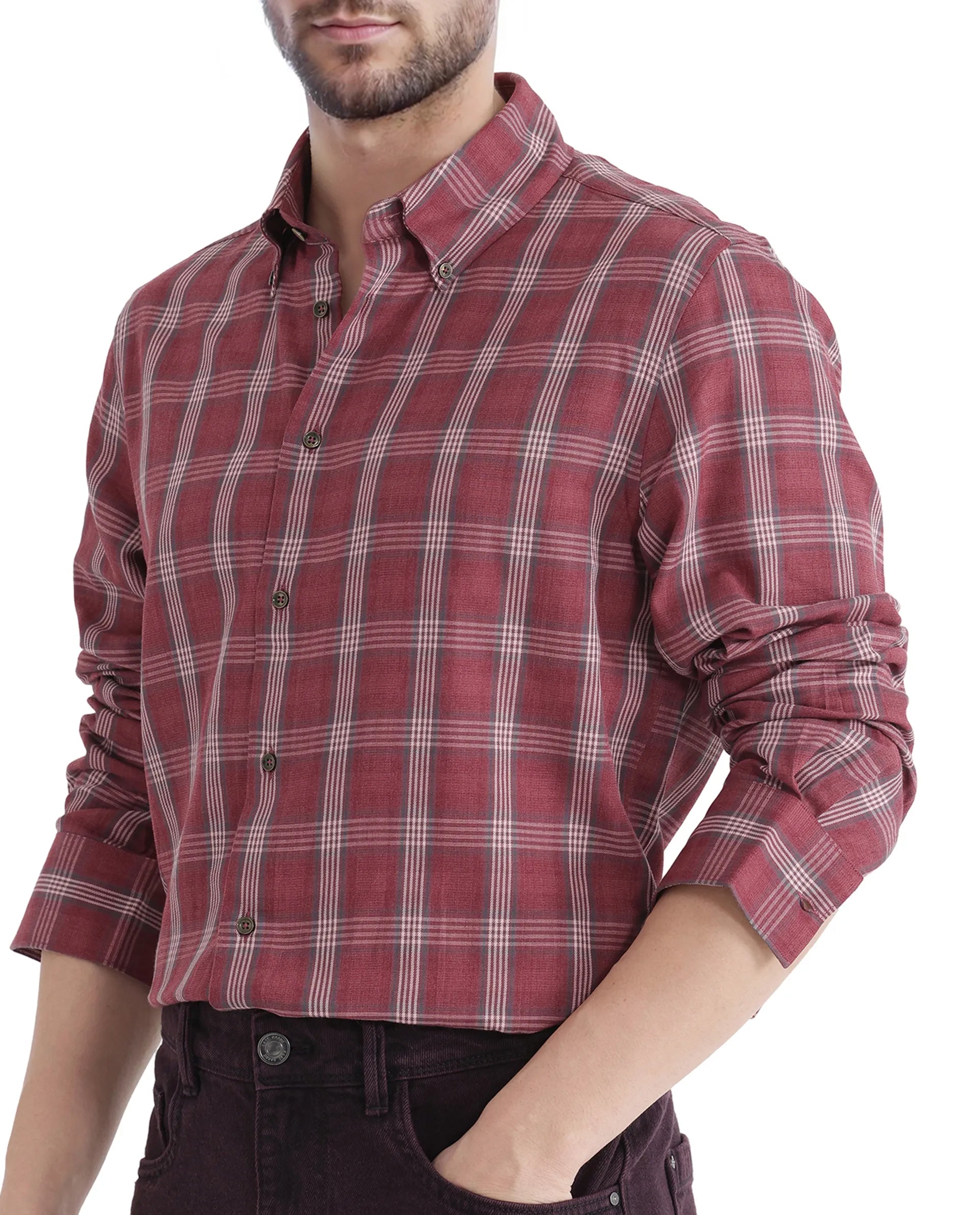 Rare Rabbit Men's Rosy Dark Pink Cotton Fabric Full Sleeve Collared Neck Checks Shirt
