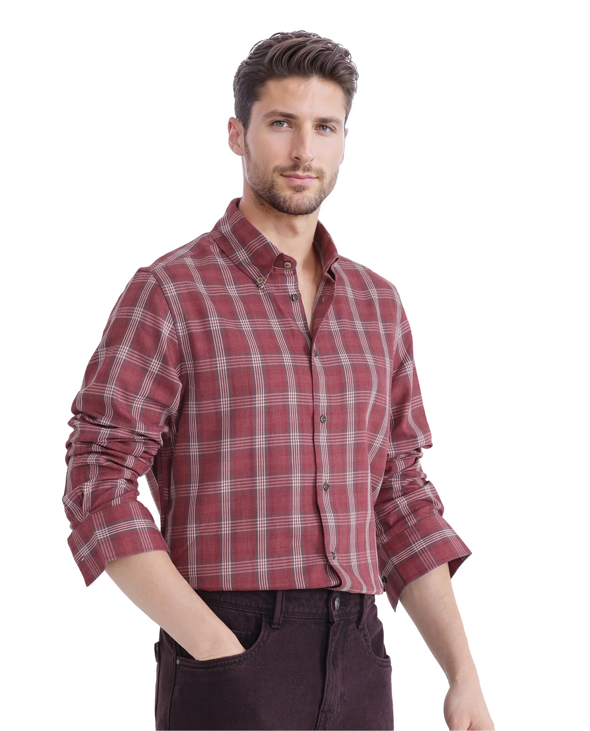 Rare Rabbit Men's Rosy Dark Pink Cotton Fabric Full Sleeve Collared Neck Checks Shirt