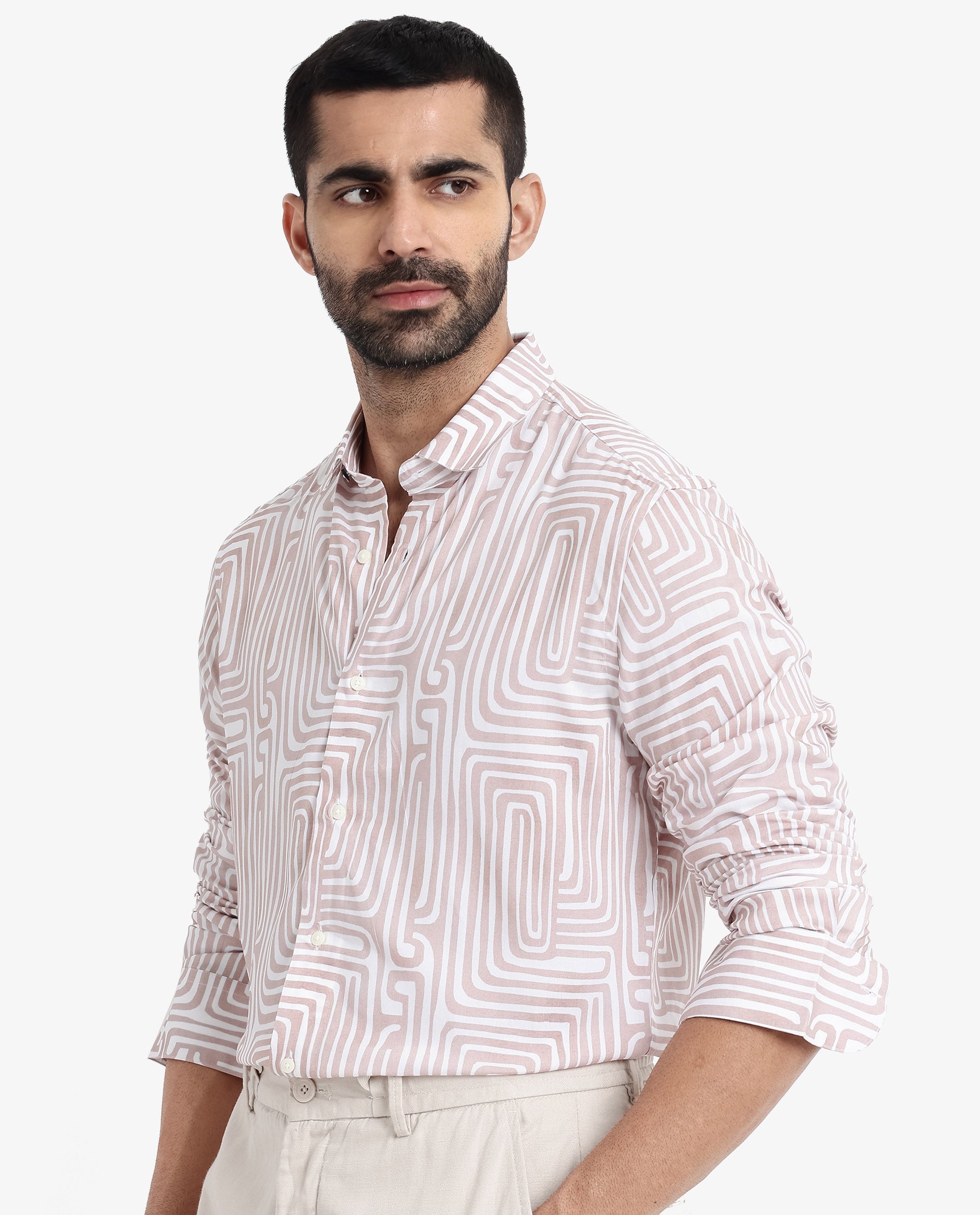 Rare Rabbit Men's Rotary Beige Viscose Fabric Full Sleeves Regular Fit Abstract Print Shirt