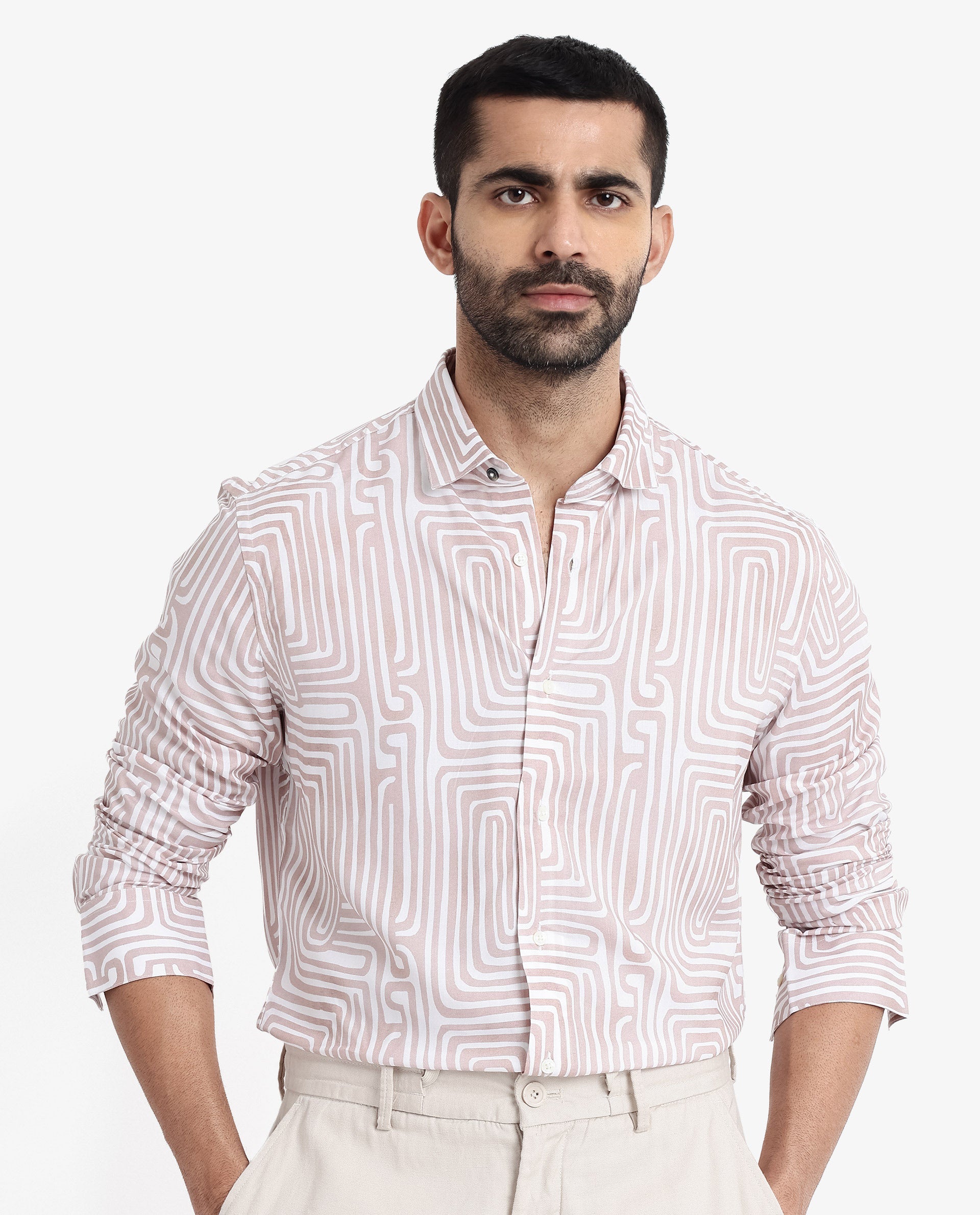 Rare Rabbit Men's Rotary Beige Viscose Fabric Full Sleeves Regular Fit Abstract Print Shirt