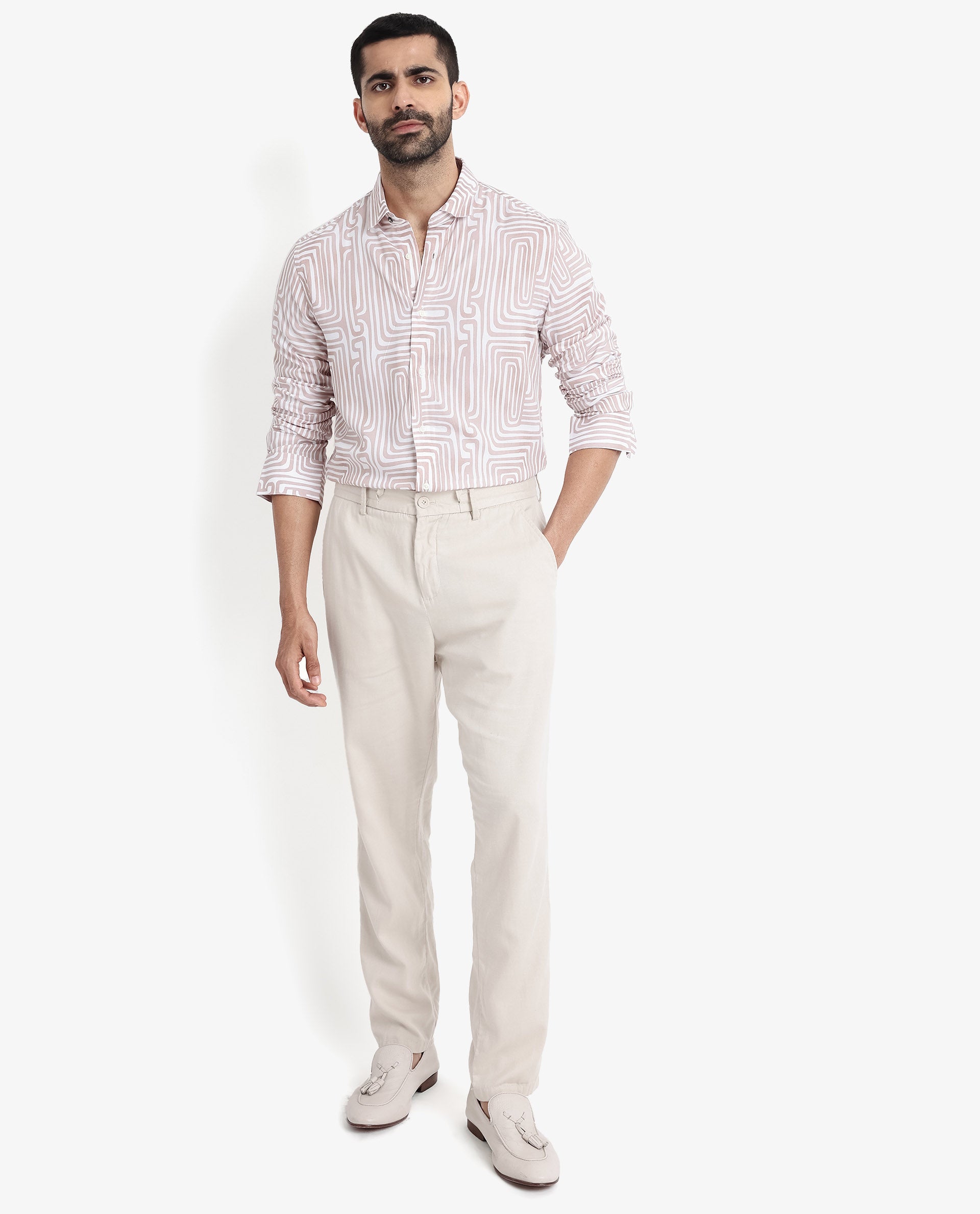 Rare Rabbit Men's Rotary Beige Viscose Fabric Full Sleeves Regular Fit Abstract Print Shirt