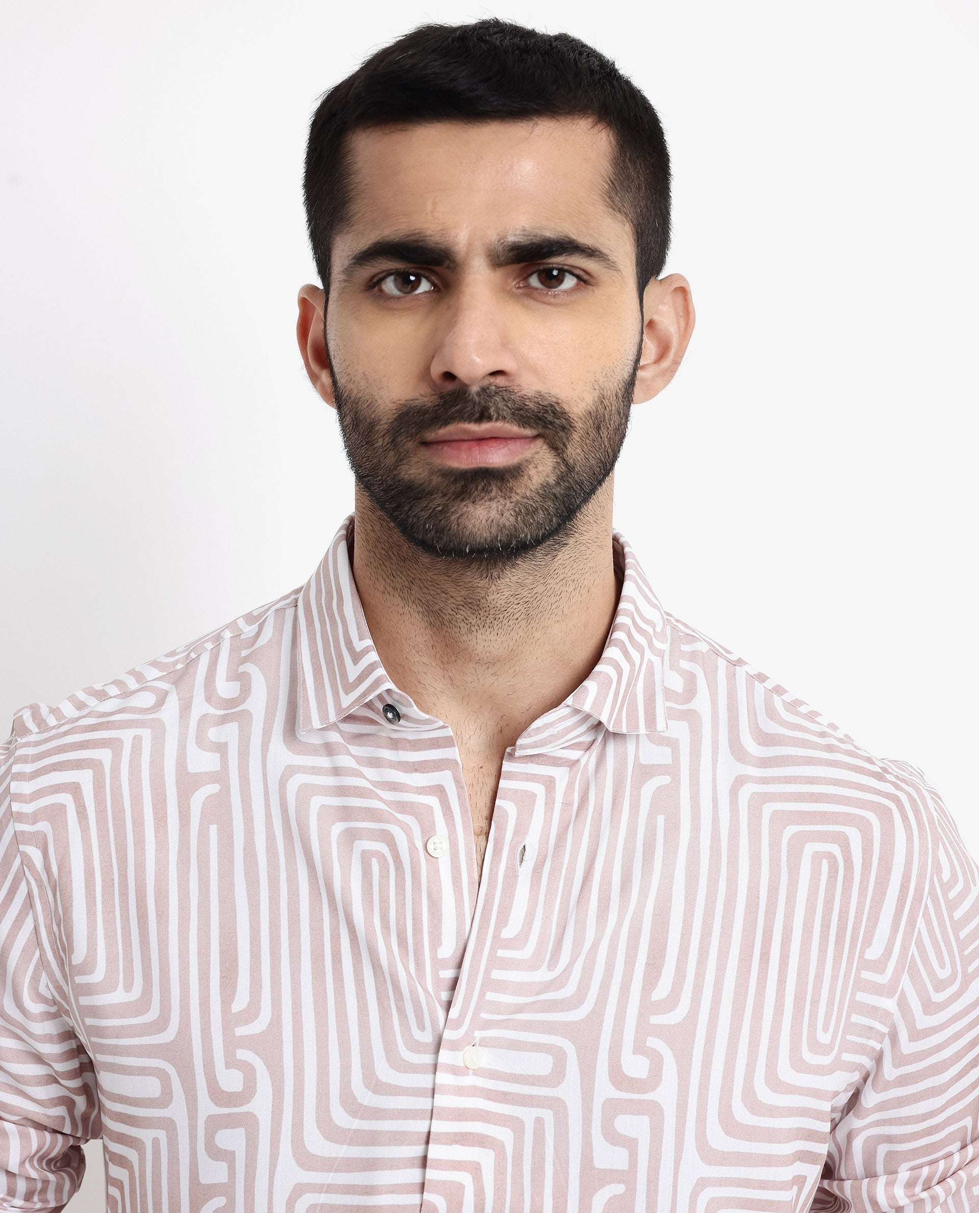 Rare Rabbit Men's Rotary Beige Viscose Fabric Full Sleeves Regular Fit Abstract Print Shirt