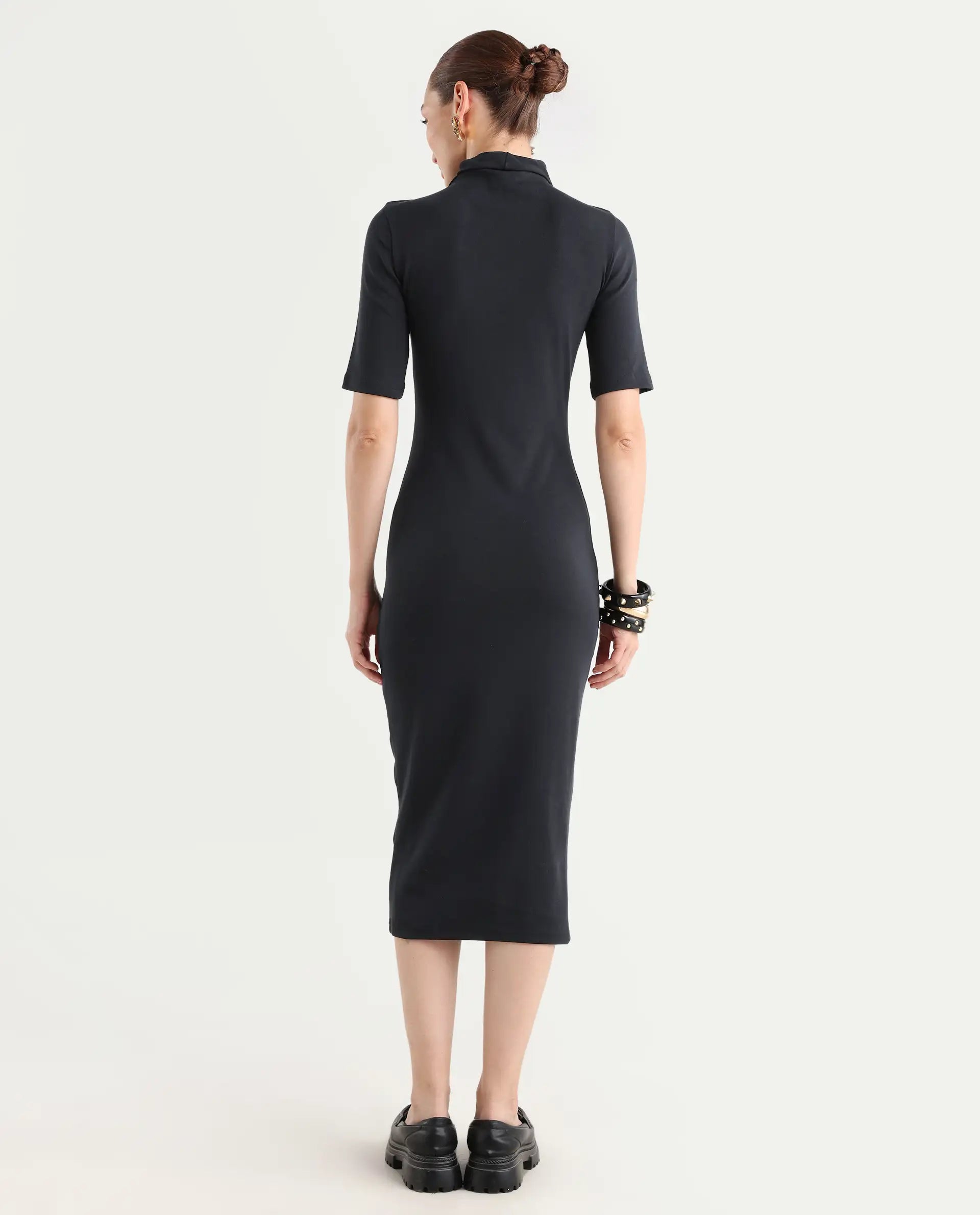 Rareism Women's Rotary Black Cotton Blend High Neck Plain Maxi Slim Fit Dress