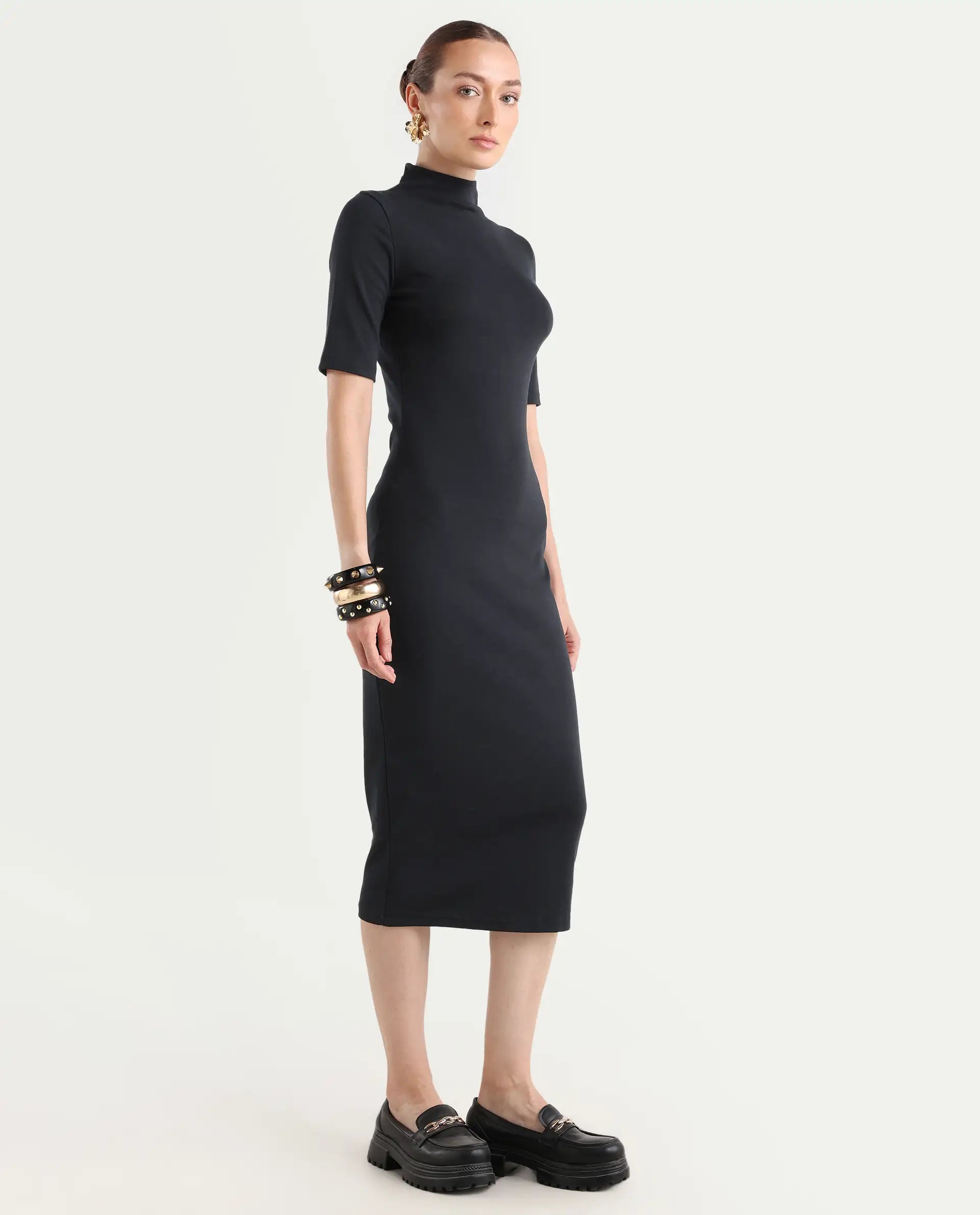 Rareism Women's Rotary Black Cotton Blend High Neck Plain Maxi Slim Fit Dress