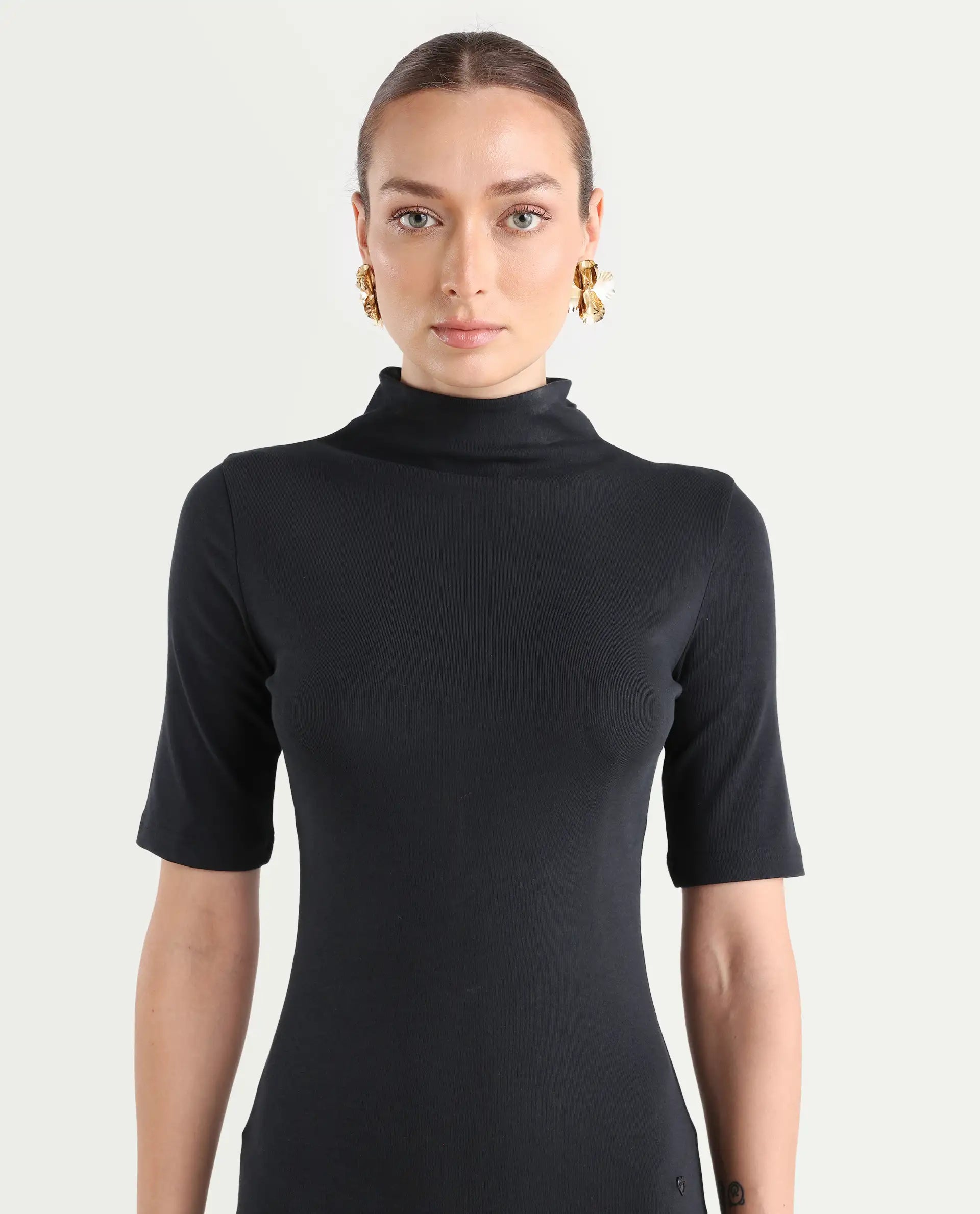 Rareism Women's Rotary Black Cotton Blend High Neck Plain Maxi Slim Fit Dress