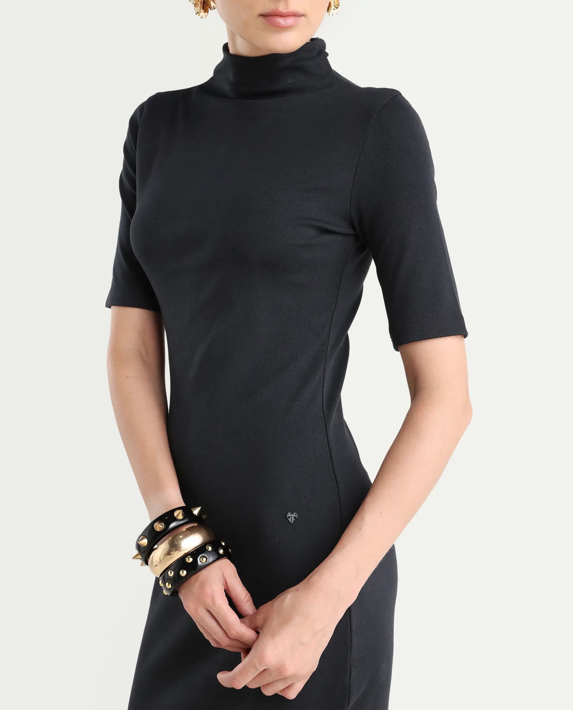 Rareism Women's Rotary Black Cotton Blend High Neck Plain Maxi Slim Fit Dress