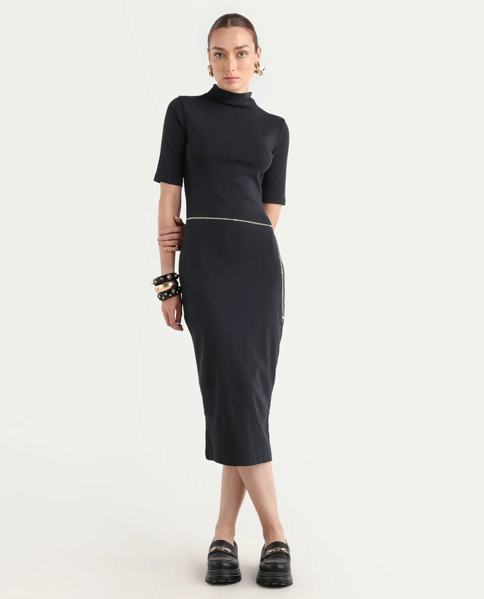 Rareism Women's Rotary Black Cotton Blend High Neck Plain Maxi Slim Fit Dress