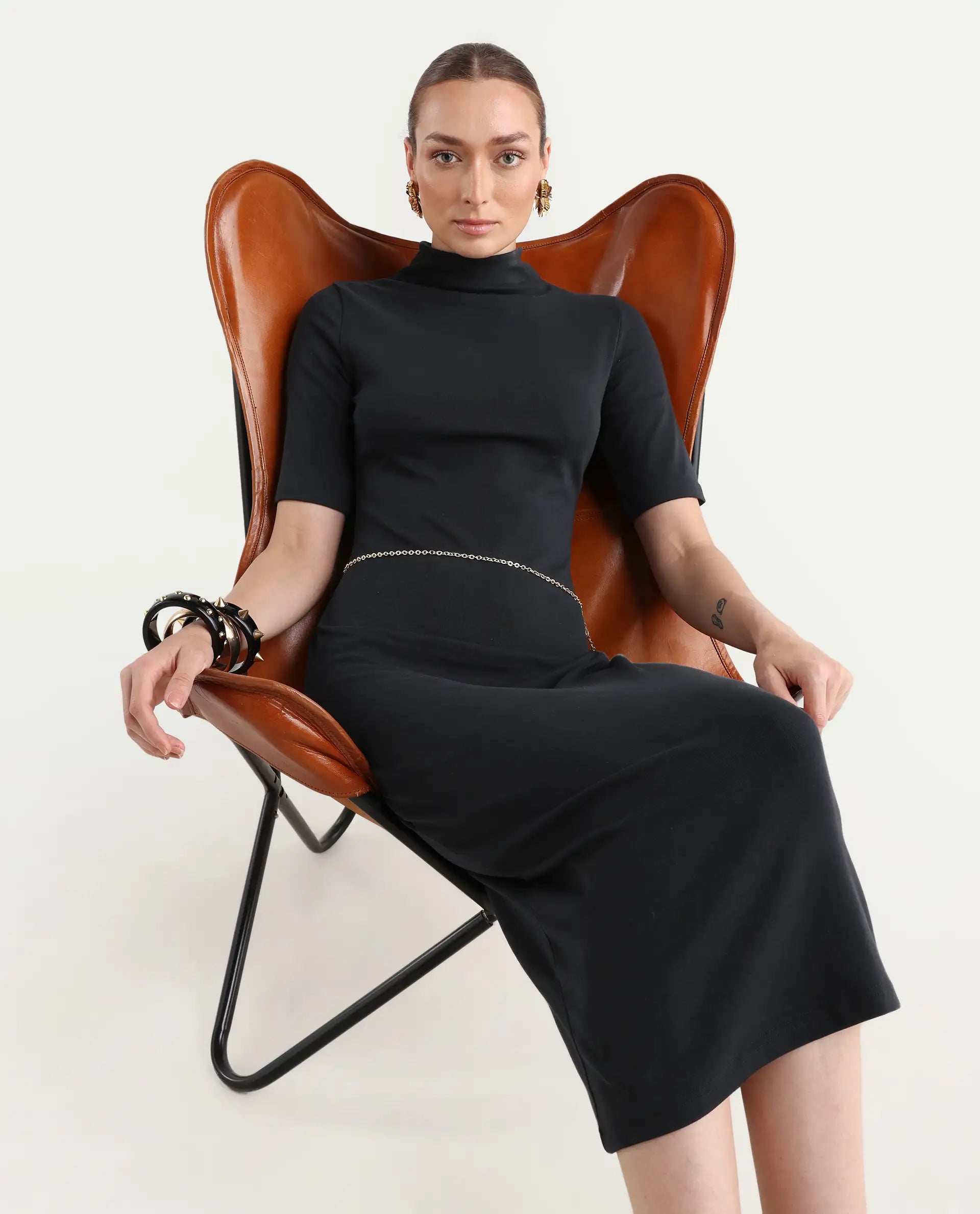 Rareism Women's Rotary Black Cotton Blend High Neck Plain Maxi Slim Fit Dress