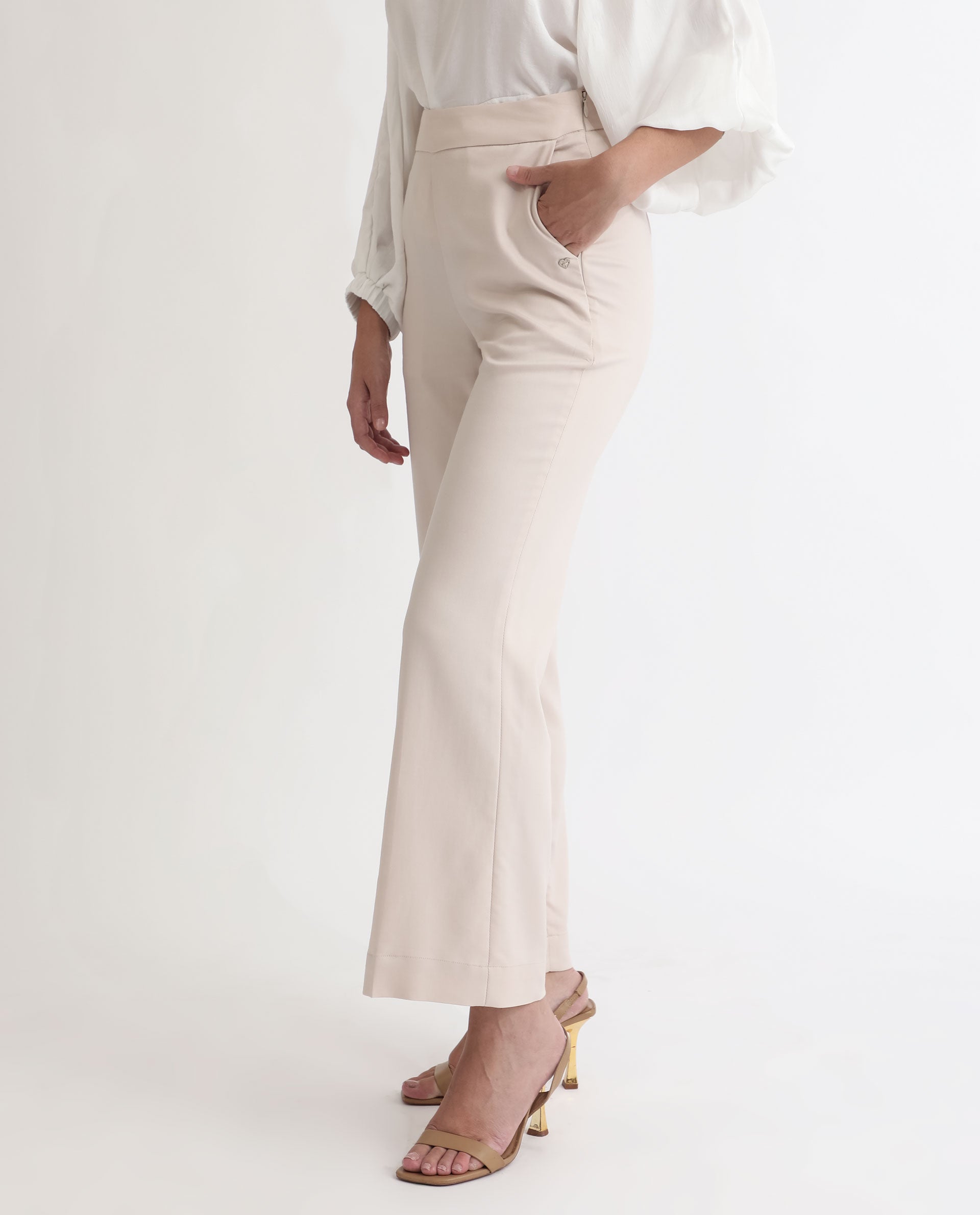 Rareism Women Rotel Light Beige Polyester Fabric Tailored Fit Mid Rise Solid Ankle Length Trousers