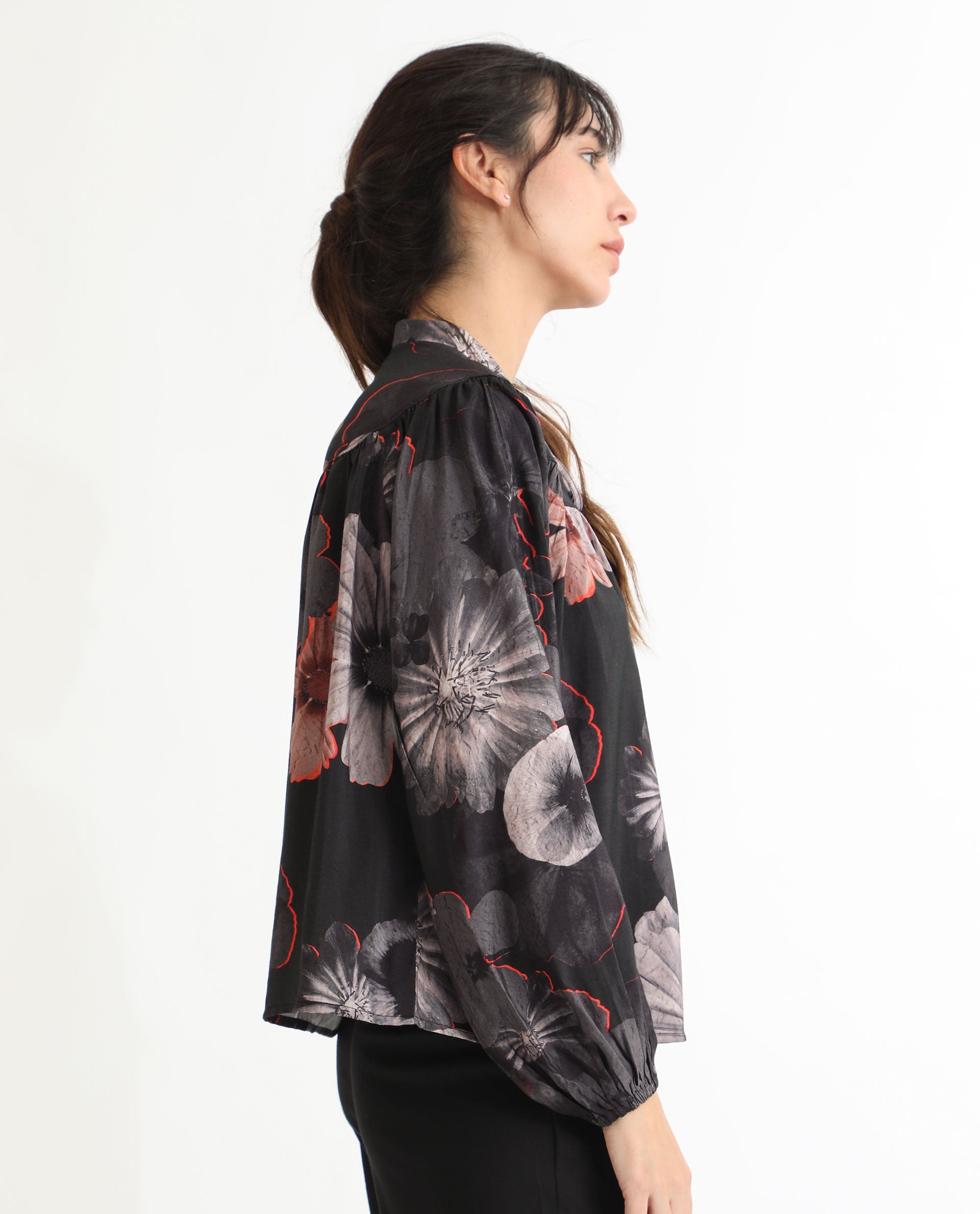 Rareism Women Rothal Black Poly Viscose Fabric Full Sleeves Tie-Up Closure Tie-Up Neck Balloon Sleeve Relaxed Fit Floral Print Blouse Top