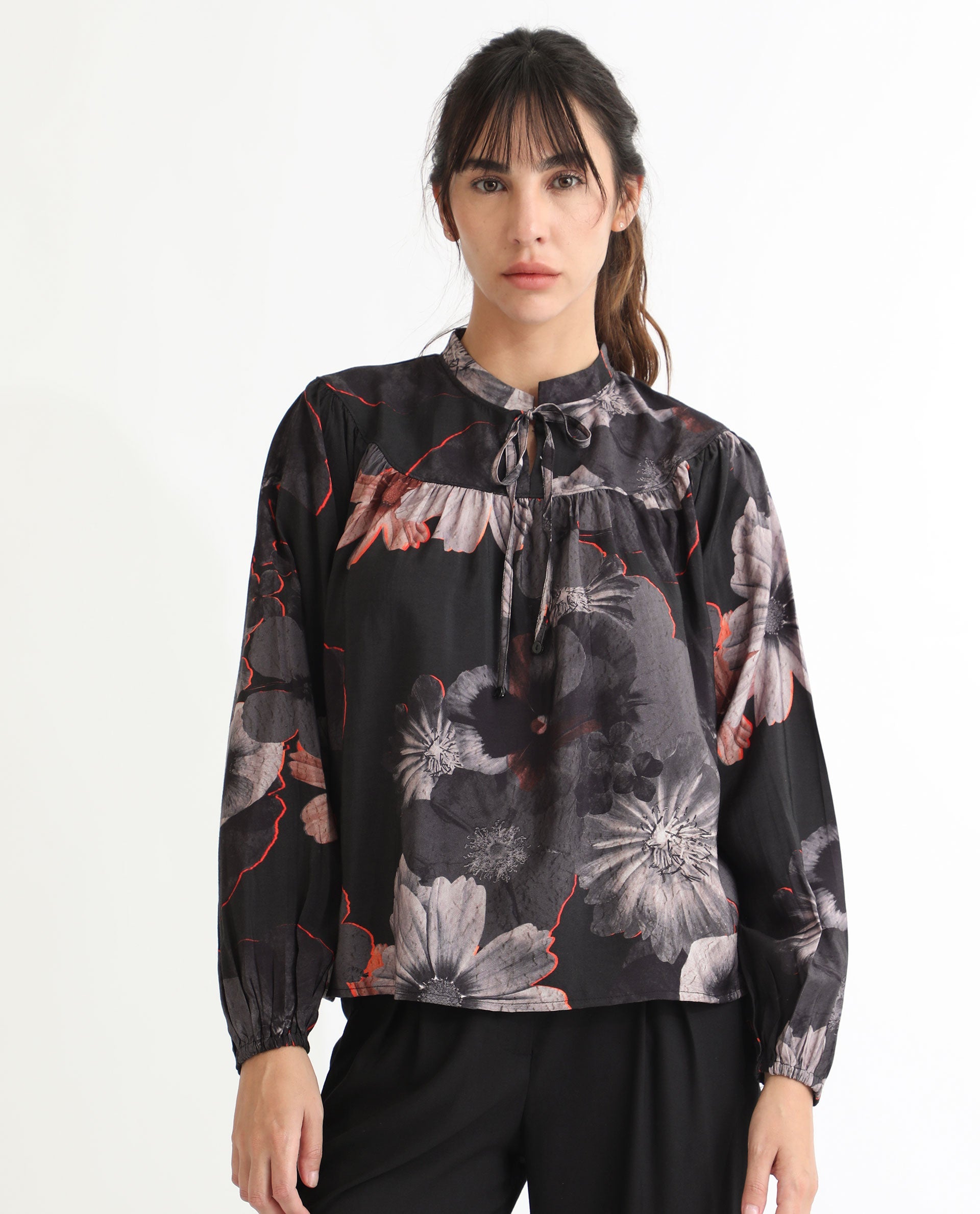 Rareism Women Rothal Black Poly Viscose Fabric Full Sleeves Tie-Up Closure Tie-Up Neck Balloon Sleeve Relaxed Fit Floral Print Blouse Top