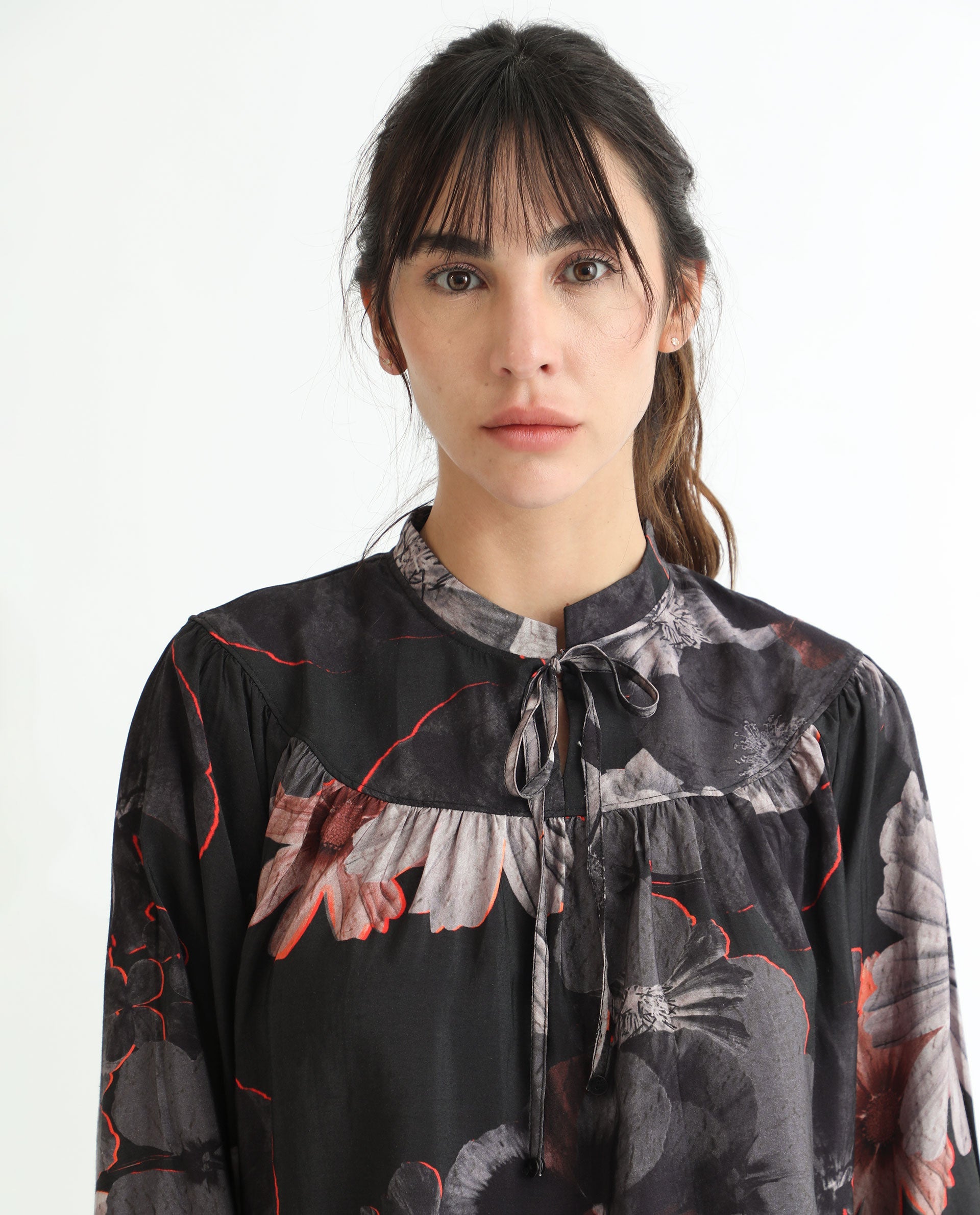 Rareism Women Rothal Black Poly Viscose Fabric Full Sleeves Tie-Up Closure Tie-Up Neck Balloon Sleeve Relaxed Fit Floral Print Blouse Top