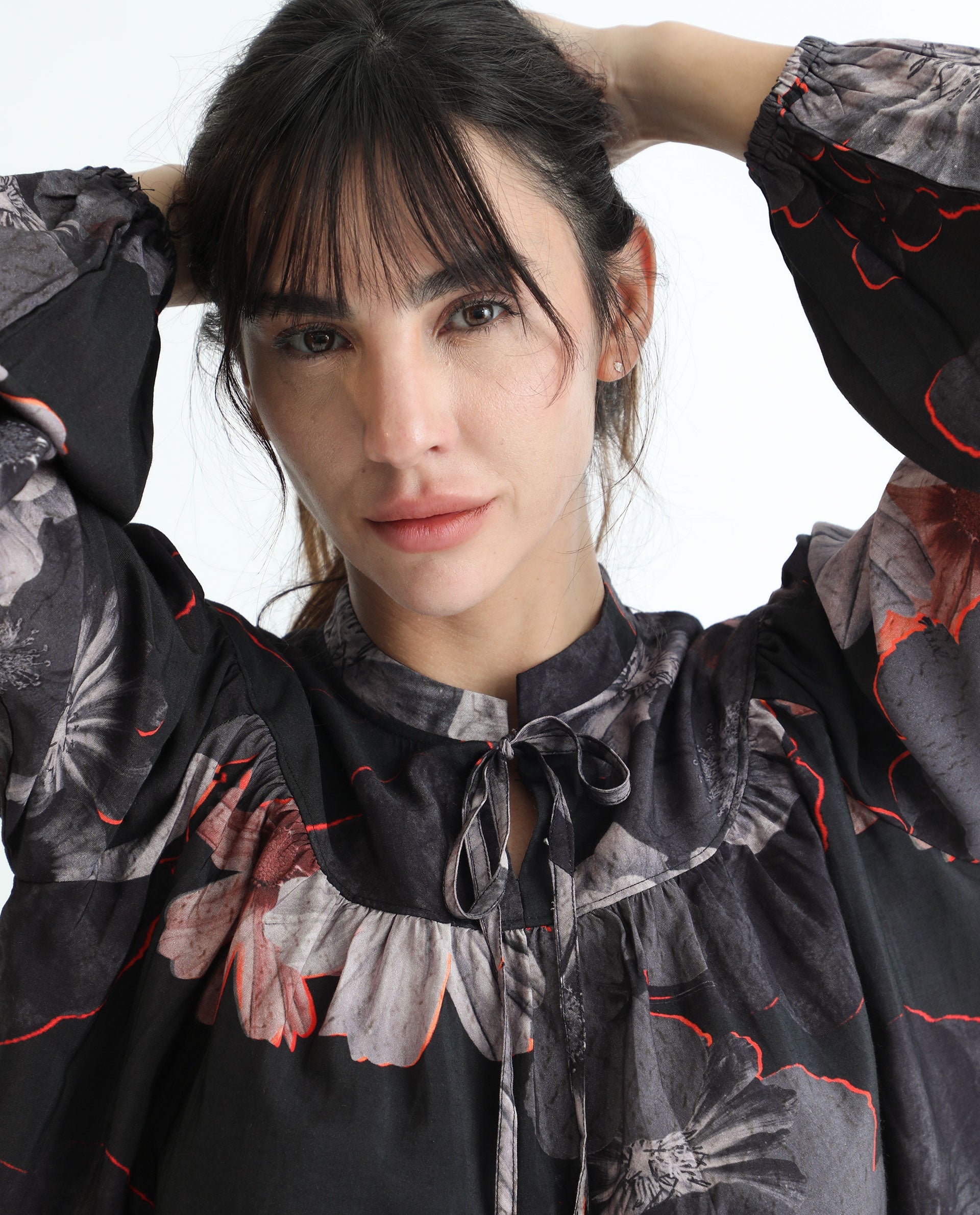 Rareism Women Rothal Black Poly Viscose Fabric Full Sleeves Tie-Up Closure Tie-Up Neck Balloon Sleeve Relaxed Fit Floral Print Blouse Top