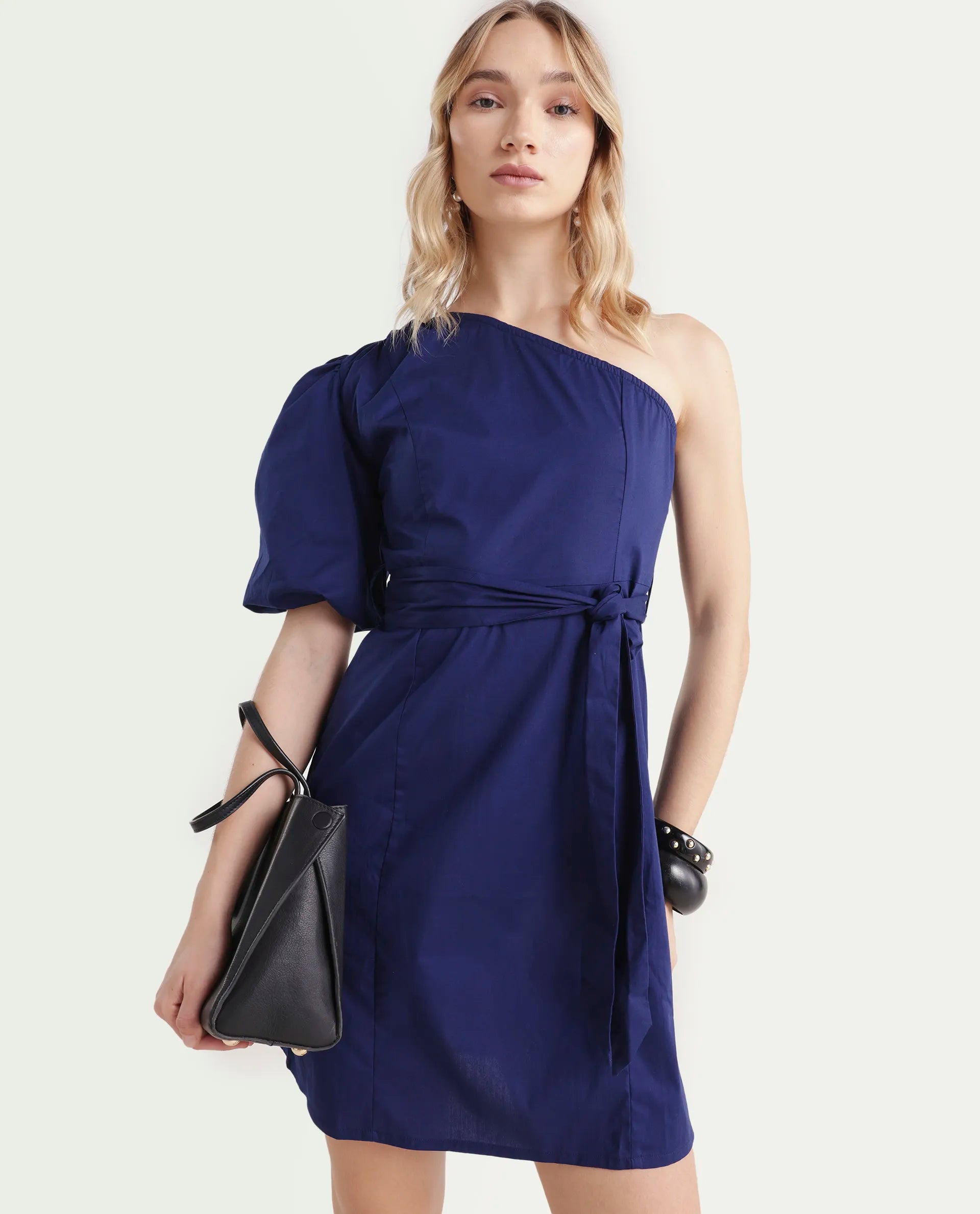 Rareism Women's Rotler Navy Cotton Blend One Shoulder Plain Puff Sleeves Mini Regular Fit Dress