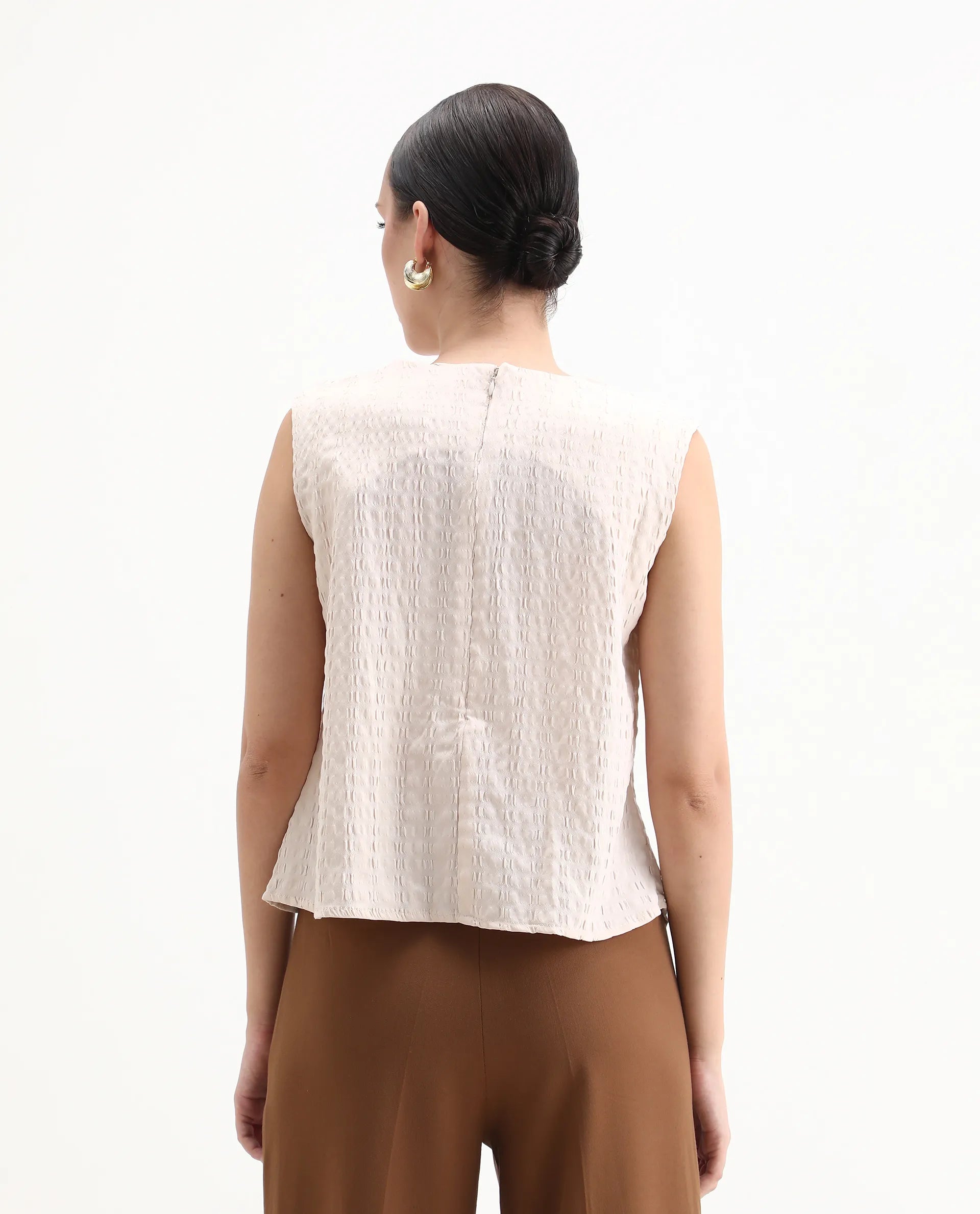 Rareism Women's Roulo Beige Polyester Blend Crew Neck Plain Sleeveless Regular Fit Top