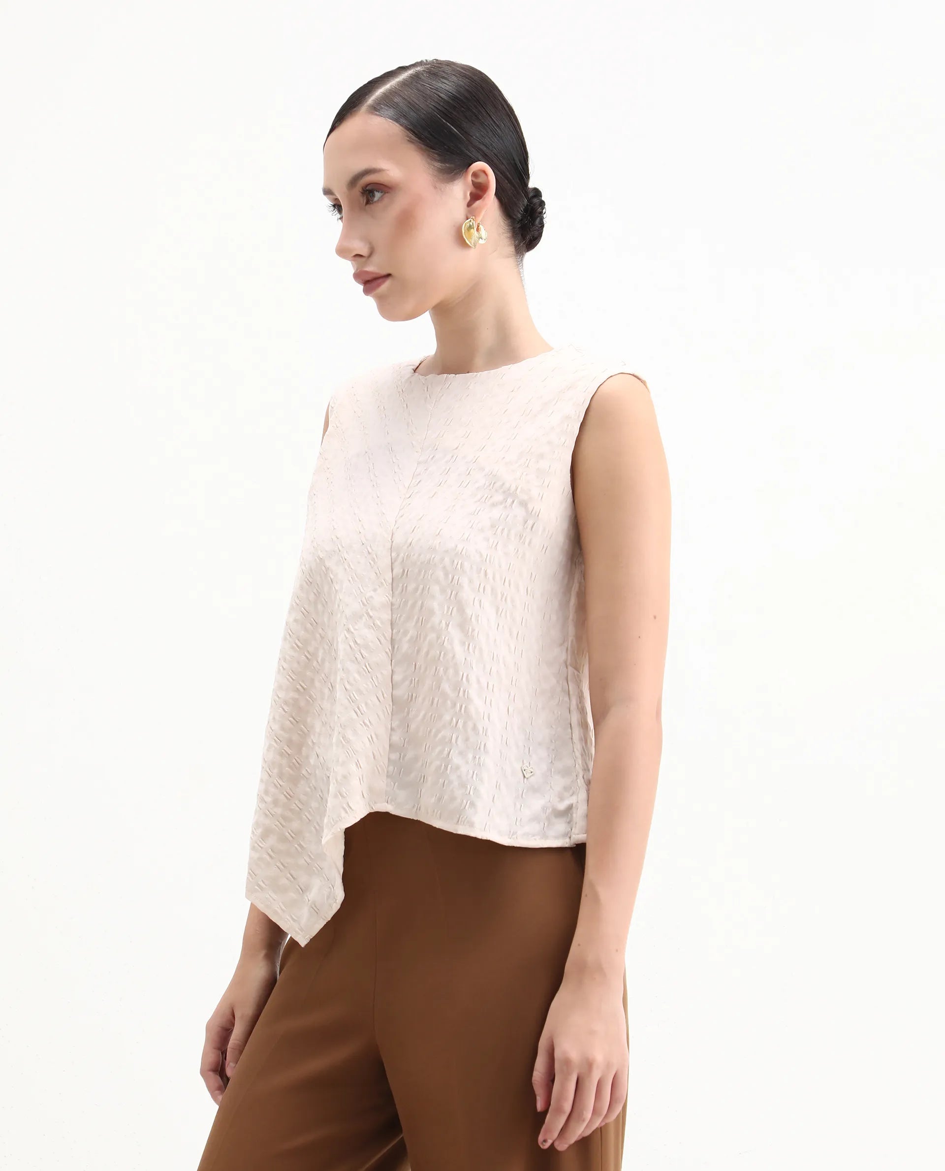 Rareism Women's Roulo Beige Polyester Blend Crew Neck Plain Sleeveless Regular Fit Top