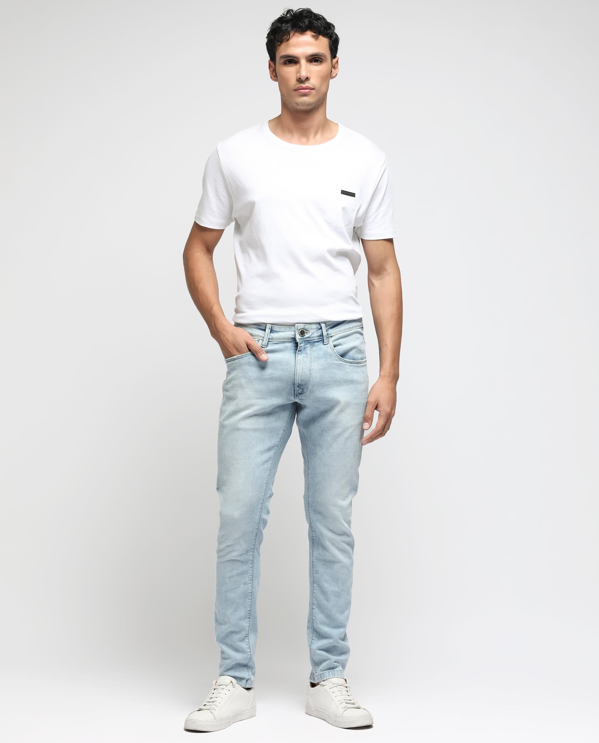 Rare Rabbit Men's Roune Light Blue Ice Wash Mid-Rise Slim Fit Jeans