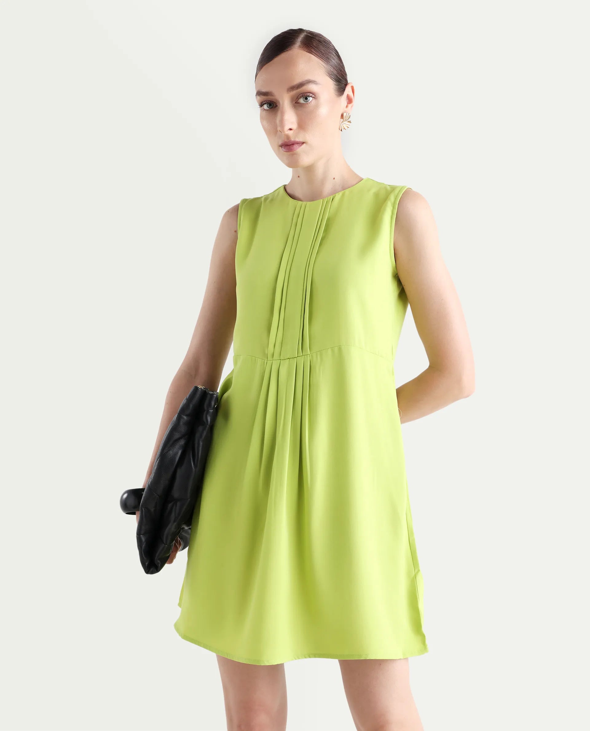 Rareism Women's Roux Green Polyester Blend Crew Neck Plain Sleeveless Mini Fit And Flare Dress