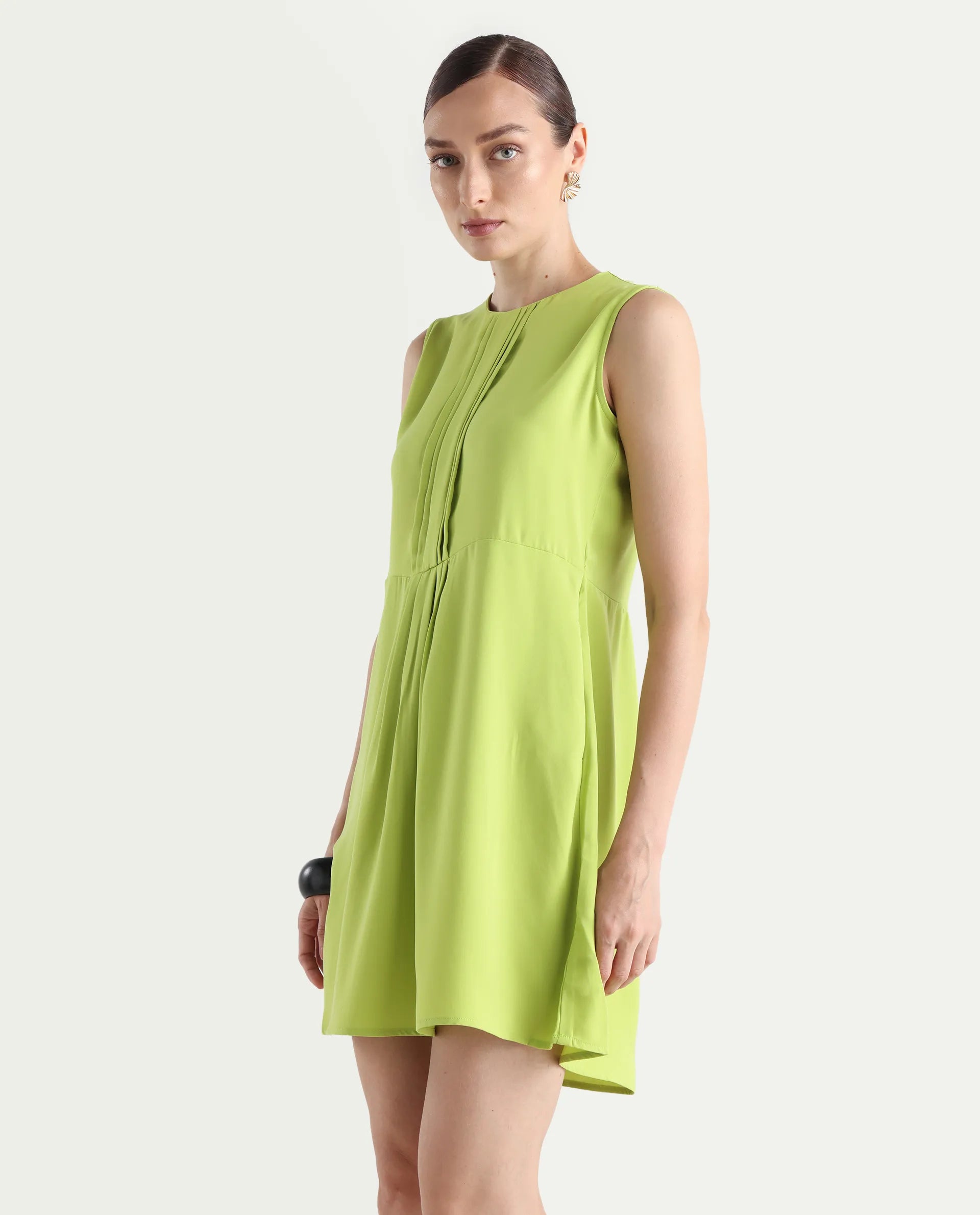 Rareism Women's Roux Green Polyester Blend Crew Neck Plain Sleeveless Mini Fit And Flare Dress