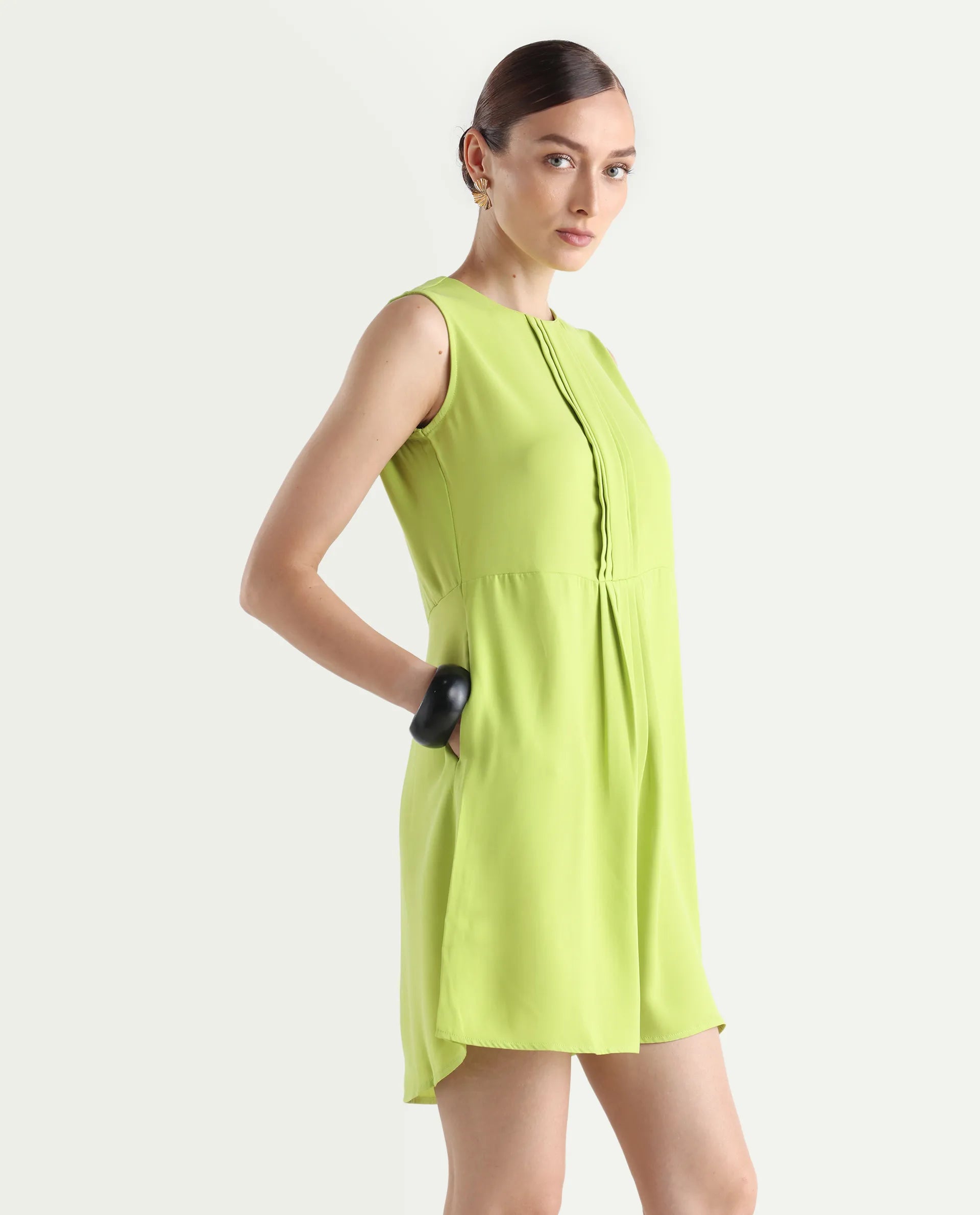 Rareism Women's Roux Green Polyester Blend Crew Neck Plain Sleeveless Mini Fit And Flare Dress