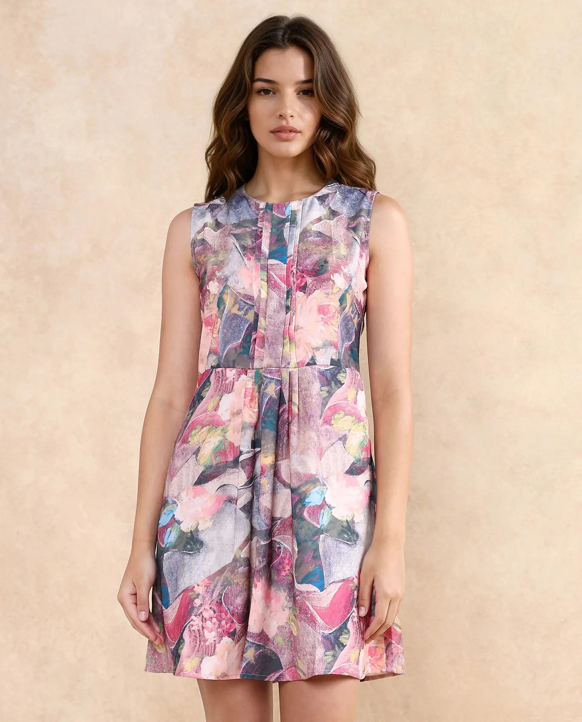 Rareism Women's Rouxi Multi Polyester Blend Fabric Crew Neck Button Closure Sleeveless Abstract Fit And Flare Mini Dress