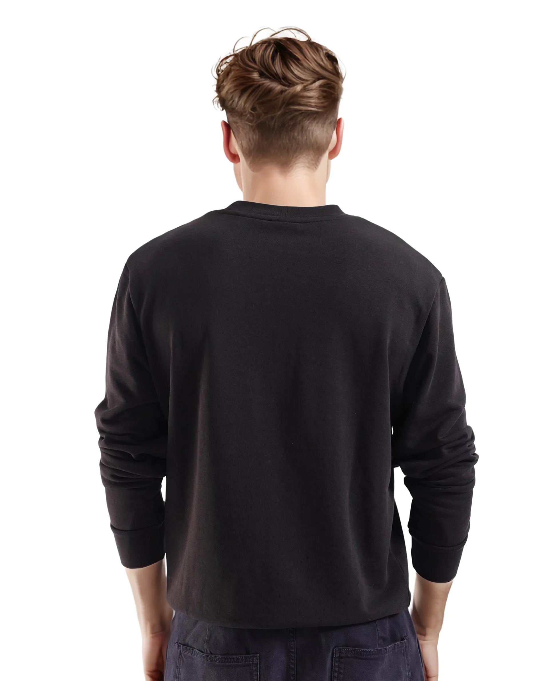 Rare Rabbit Men's Roven Black Cotton Blend Fabric Full Sleeve Crew Neck Puff Printed Sweatshirt