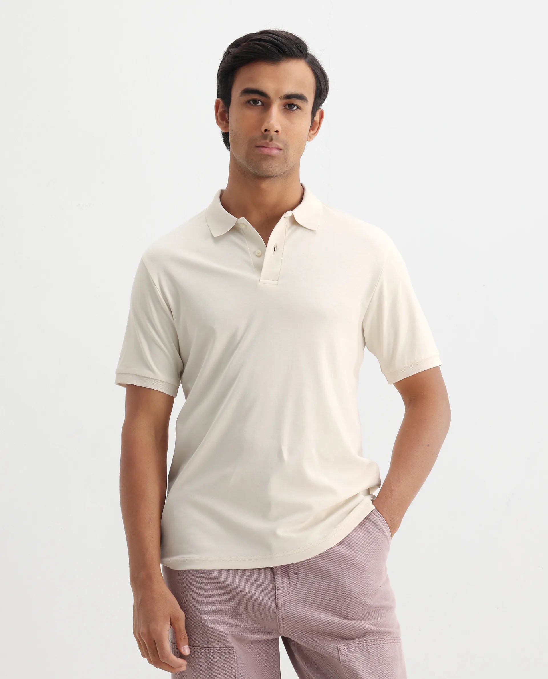 Rare Rabbit Men's Row-1 Off White Cotton Plain Regular Fit Half Sleeve Polo