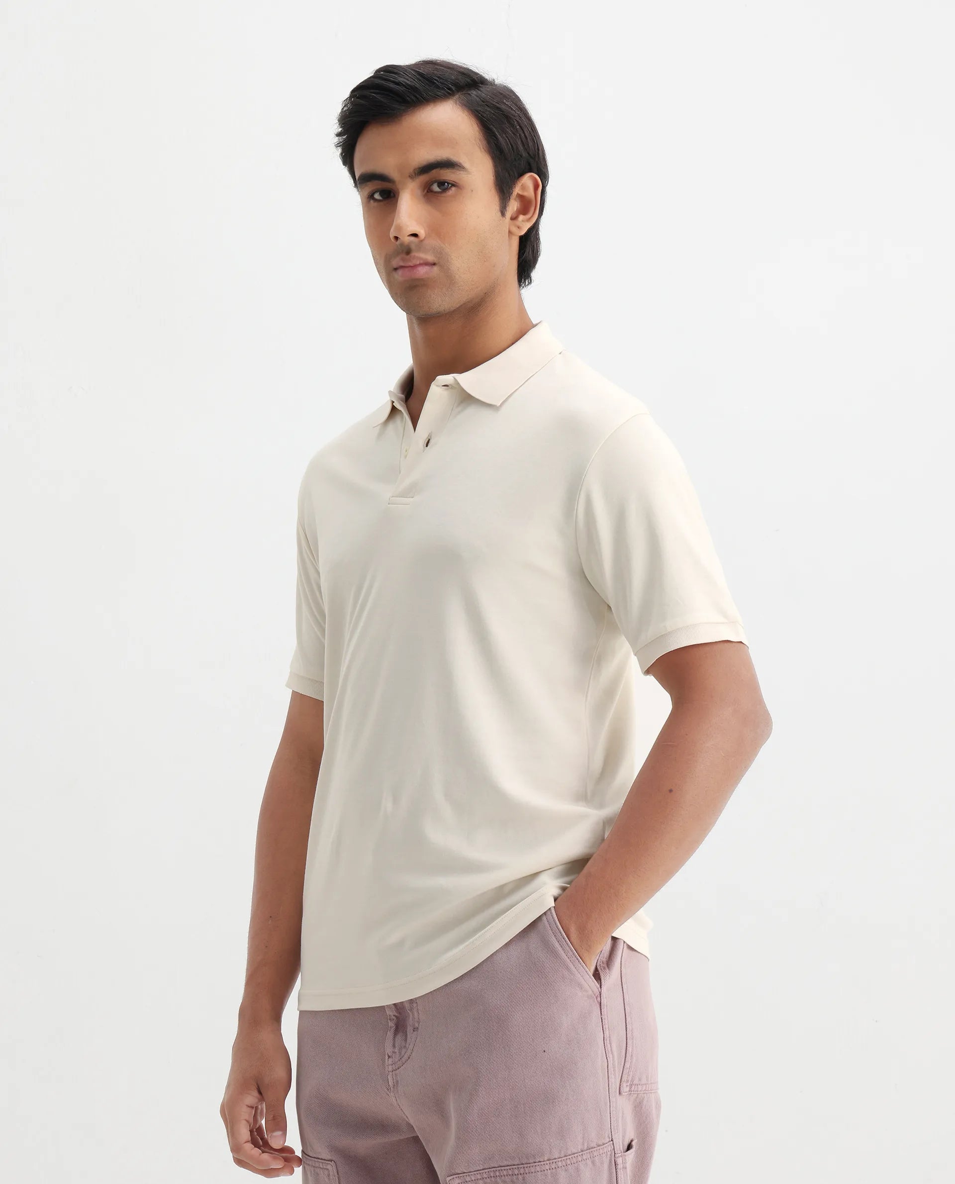 Rare Rabbit Men's Row-1 Off White Cotton Plain Regular Fit Half Sleeve Polo