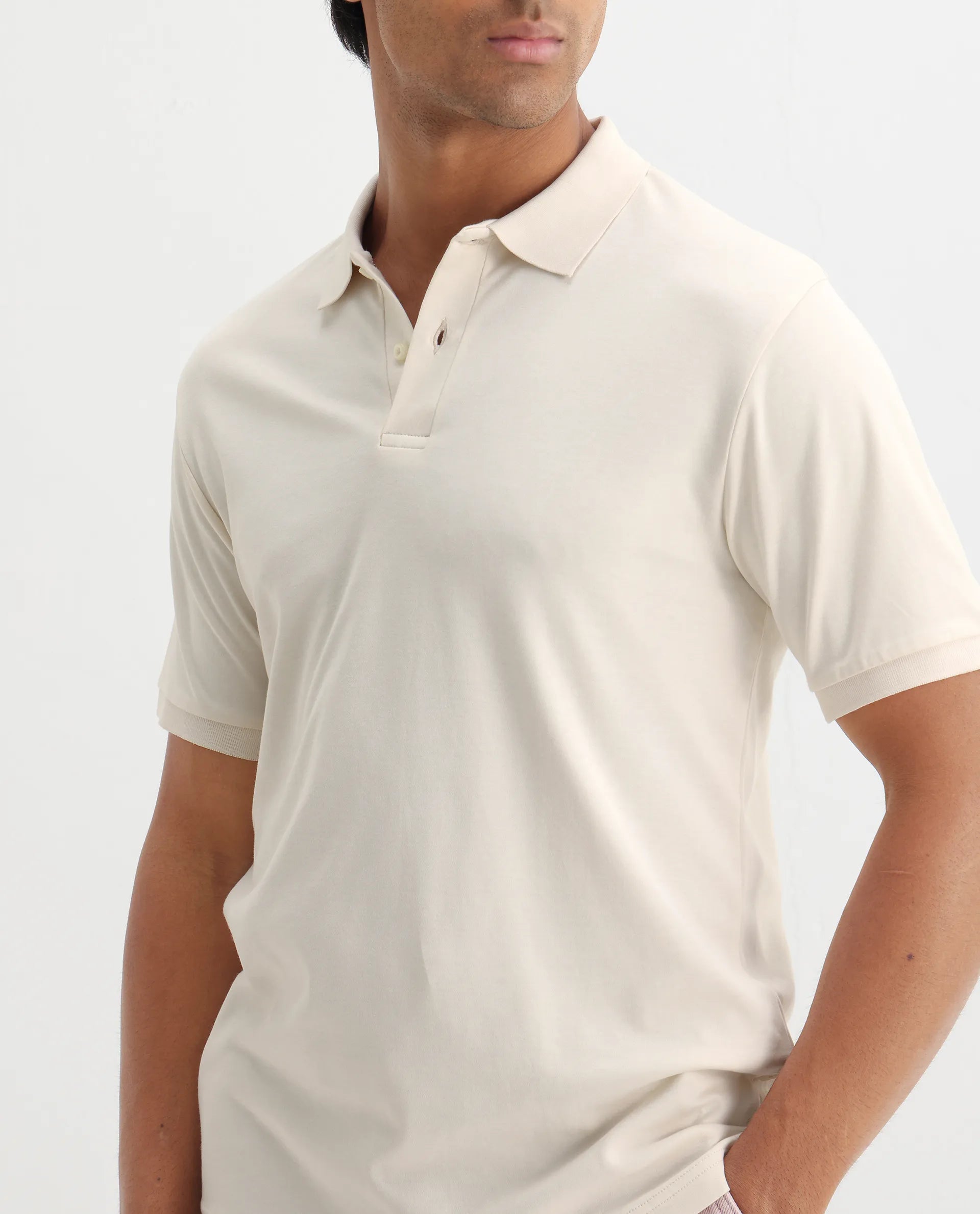 Rare Rabbit Men's Row-1 Off White Cotton Plain Regular Fit Half Sleeve Polo