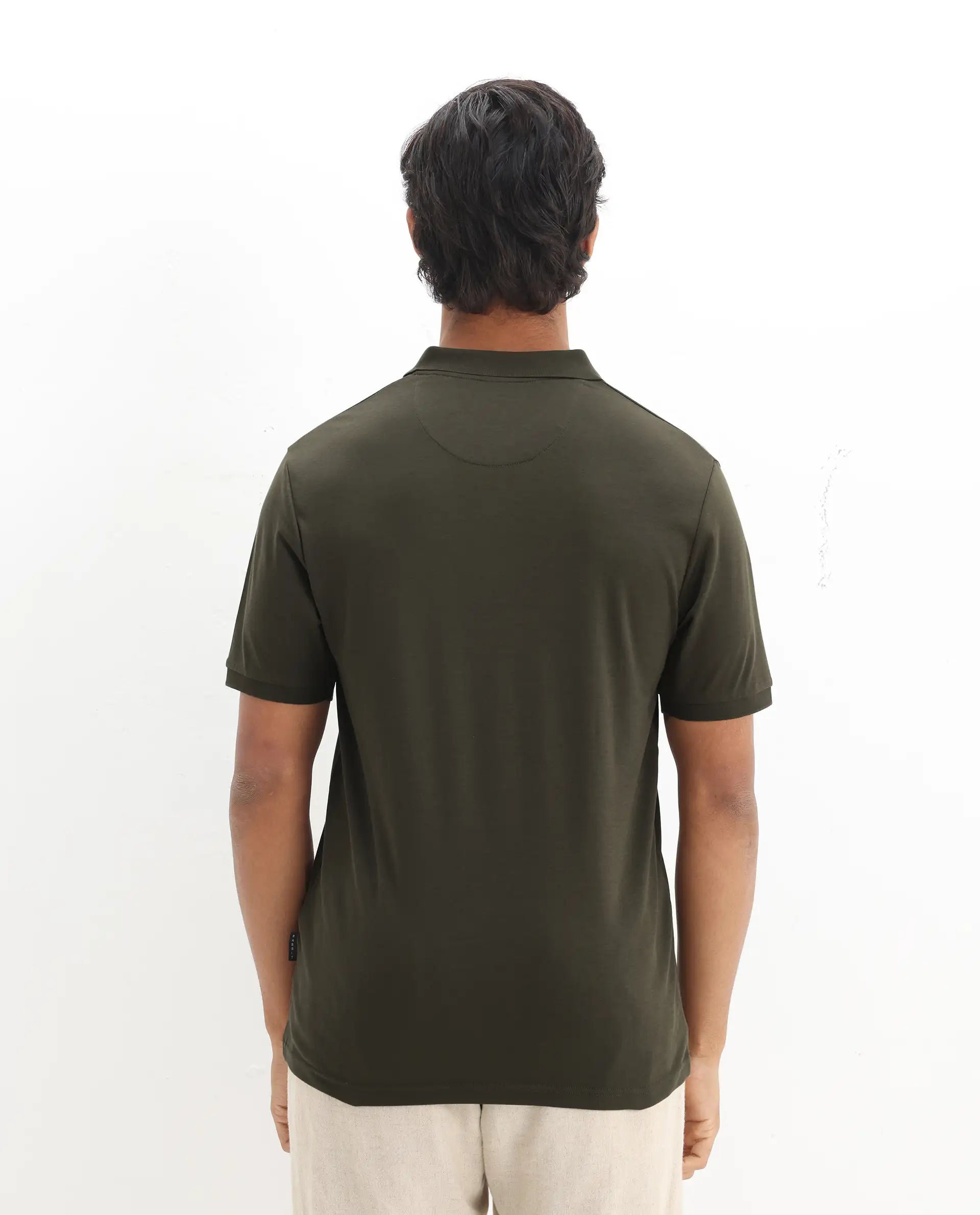 Rare Rabbit Men's Row-1 Olive Cotton Plain Regular Fit Half Sleeve Polo