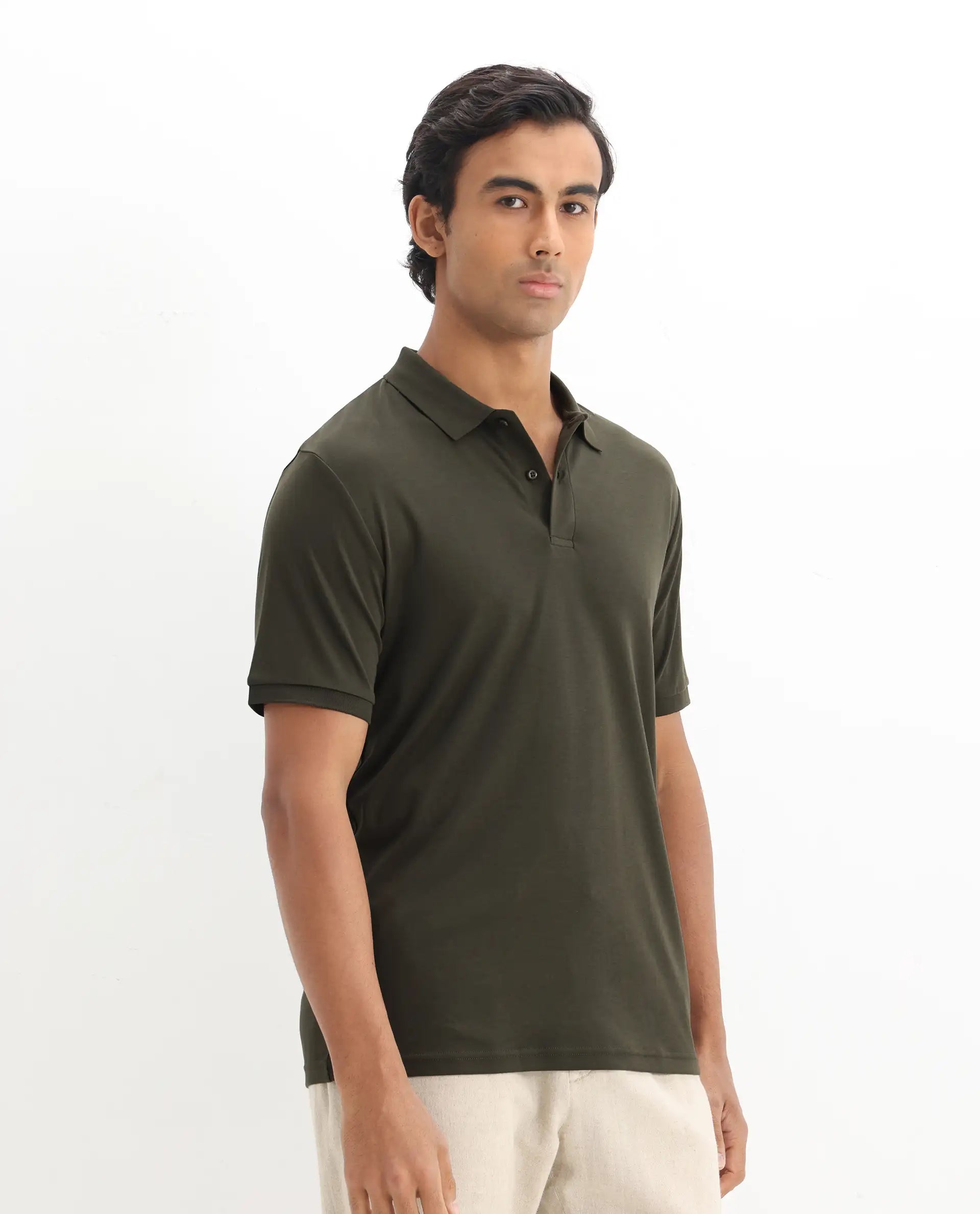 Rare Rabbit Men's Row-1 Olive Cotton Plain Regular Fit Half Sleeve Polo