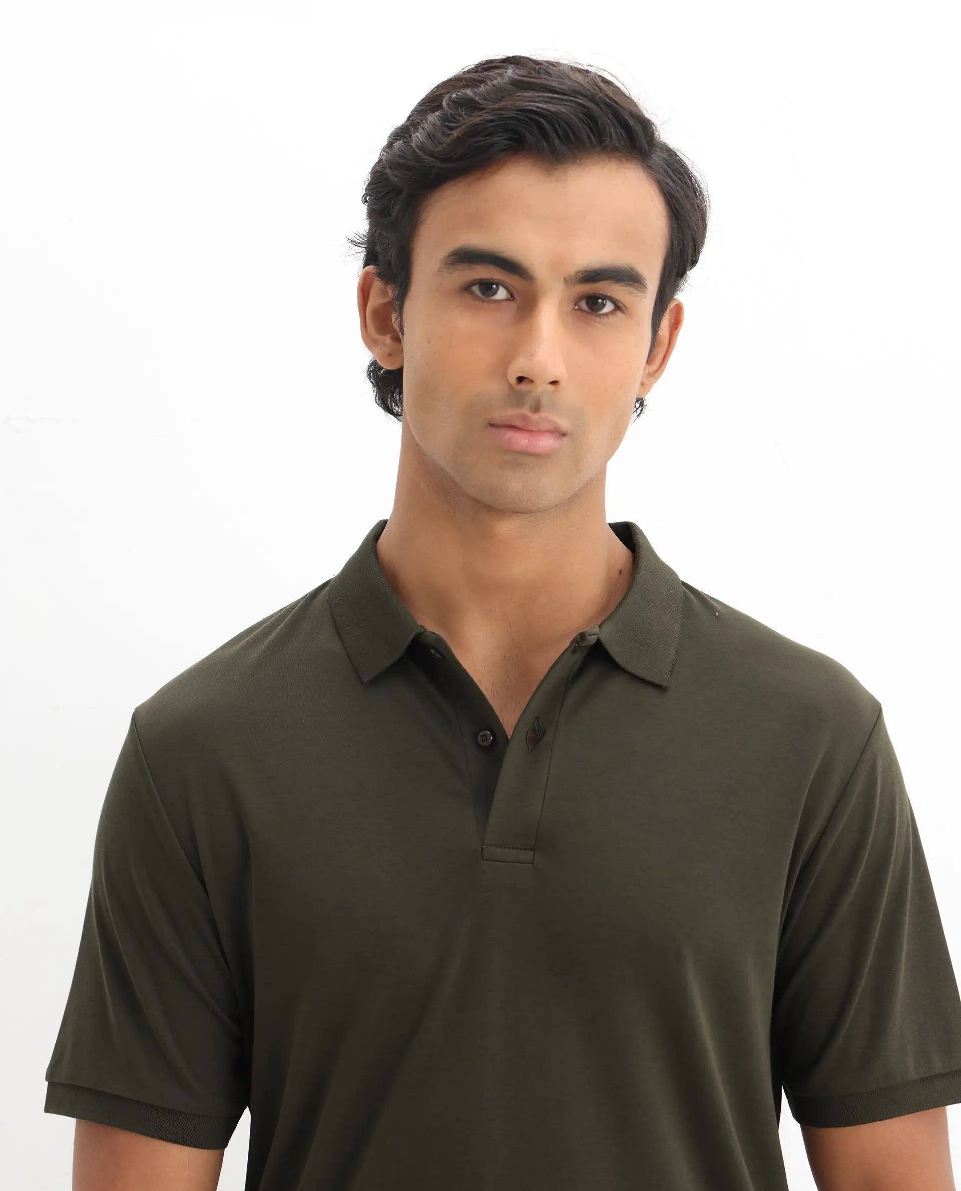 Rare Rabbit Men's Row-1 Olive Cotton Plain Regular Fit Half Sleeve Polo