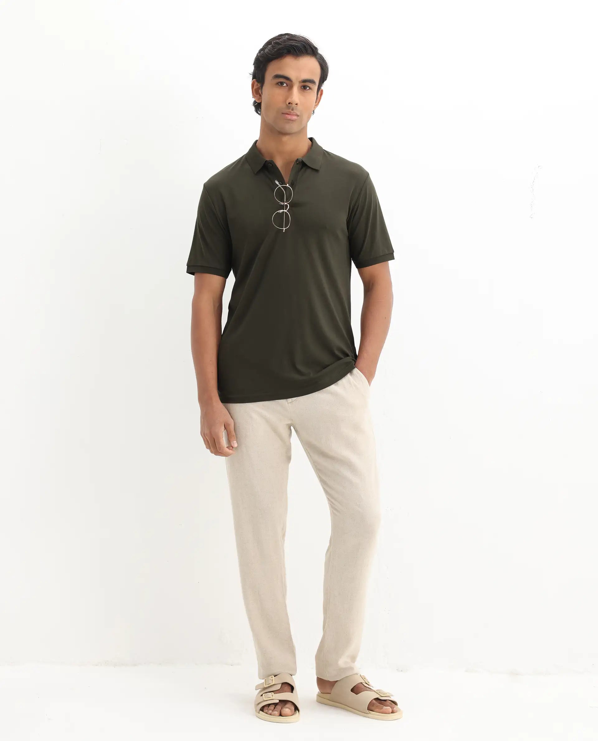 Rare Rabbit Men's Row-1 Olive Cotton Plain Regular Fit Half Sleeve Polo