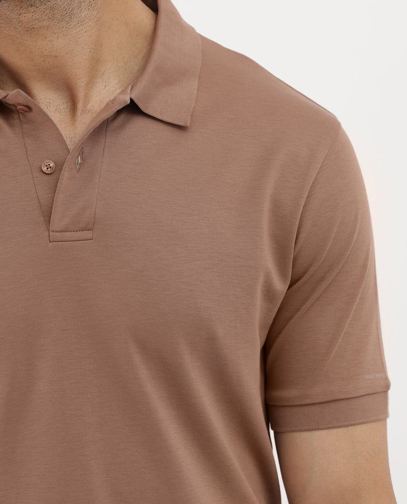 Rare Rabbit Mens Row Dusky Brown Short Sleeve Regular Fit Solid Polo T-Shirt