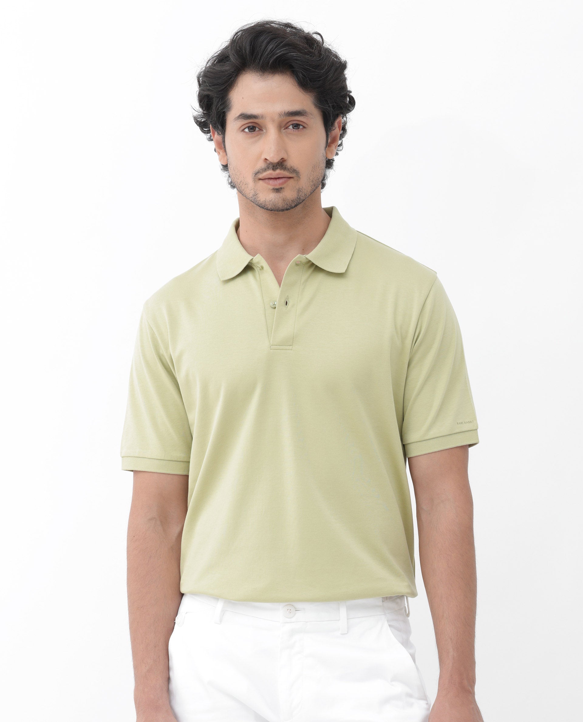Rare Rabbit Mens Row Dusky Green Short Sleeve Regular Fit Solid Polo T-Shirt