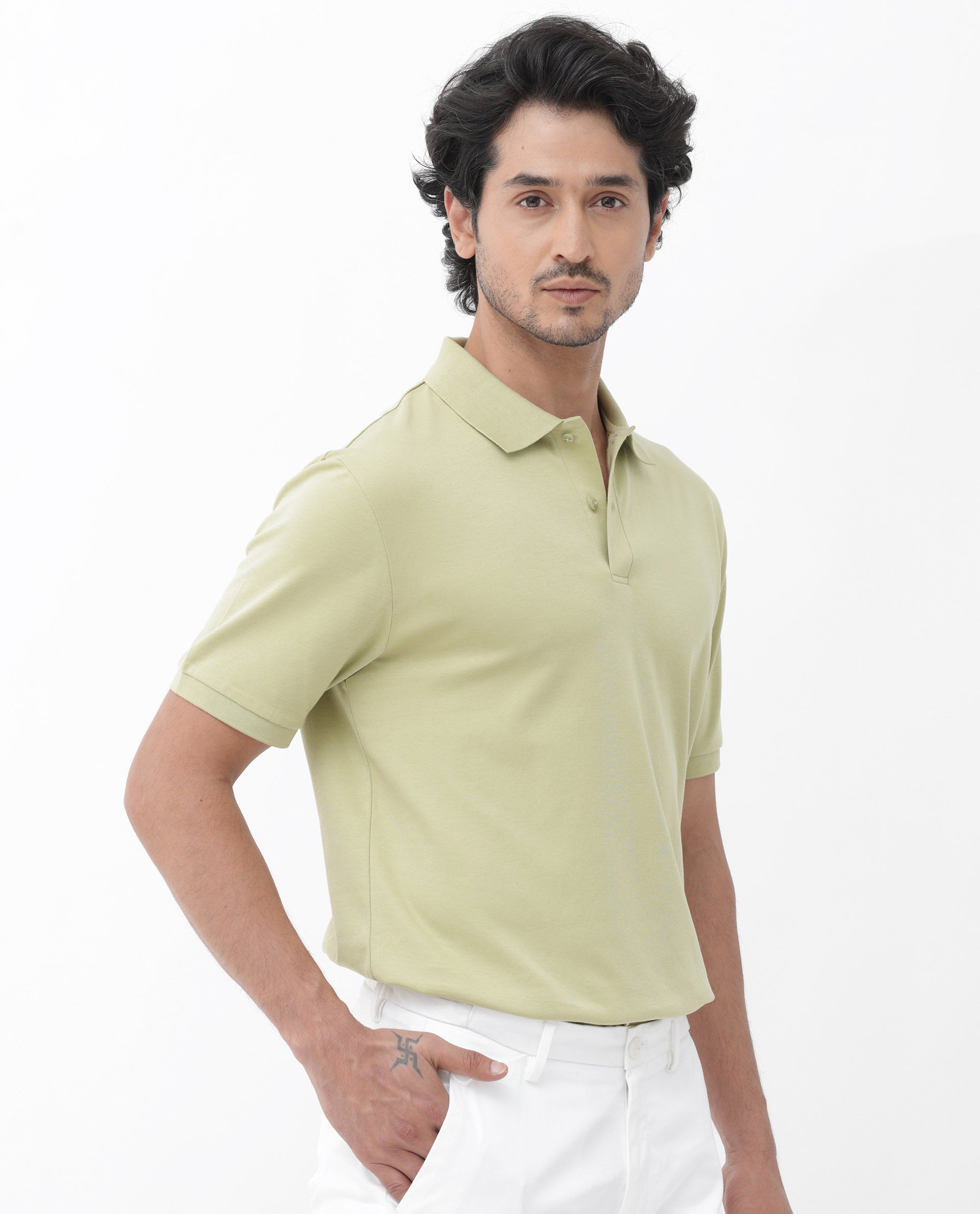 Rare Rabbit Mens Row Dusky Green Short Sleeve Regular Fit Solid Polo T-Shirt