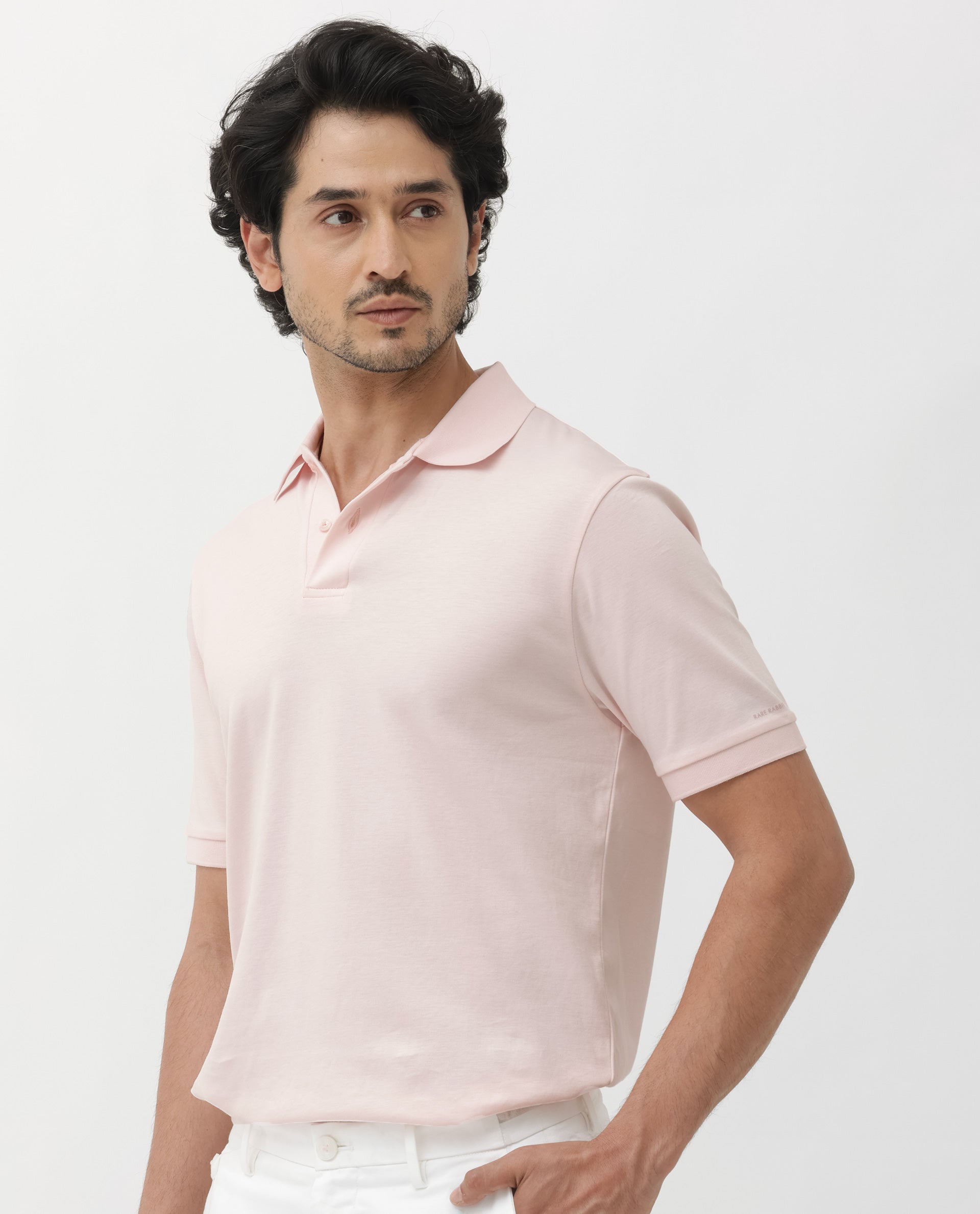 Rare Rabbit Mens Row Pastel Pink Short Sleeve Regular Fit Solid Polo T-Shirt